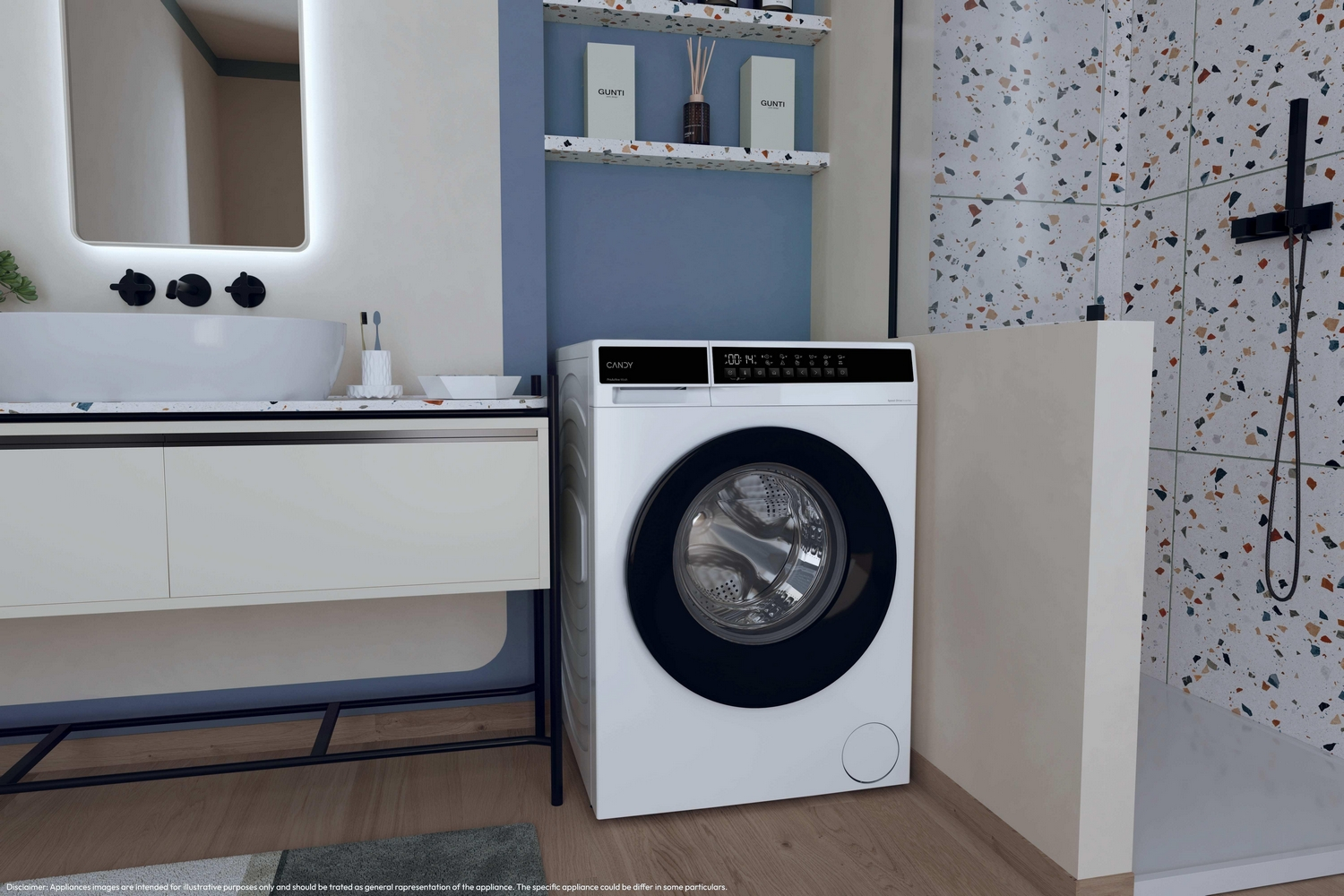 Una lavatrice bianca con porta nera si trova in un bagno moderno accanto a un mobile lavabo.