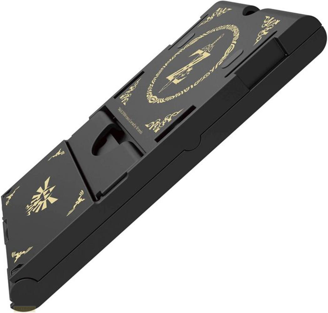 Eine schwarze Deck-Box aus Kunststoff mit goldenen Zelda-Symbolen.