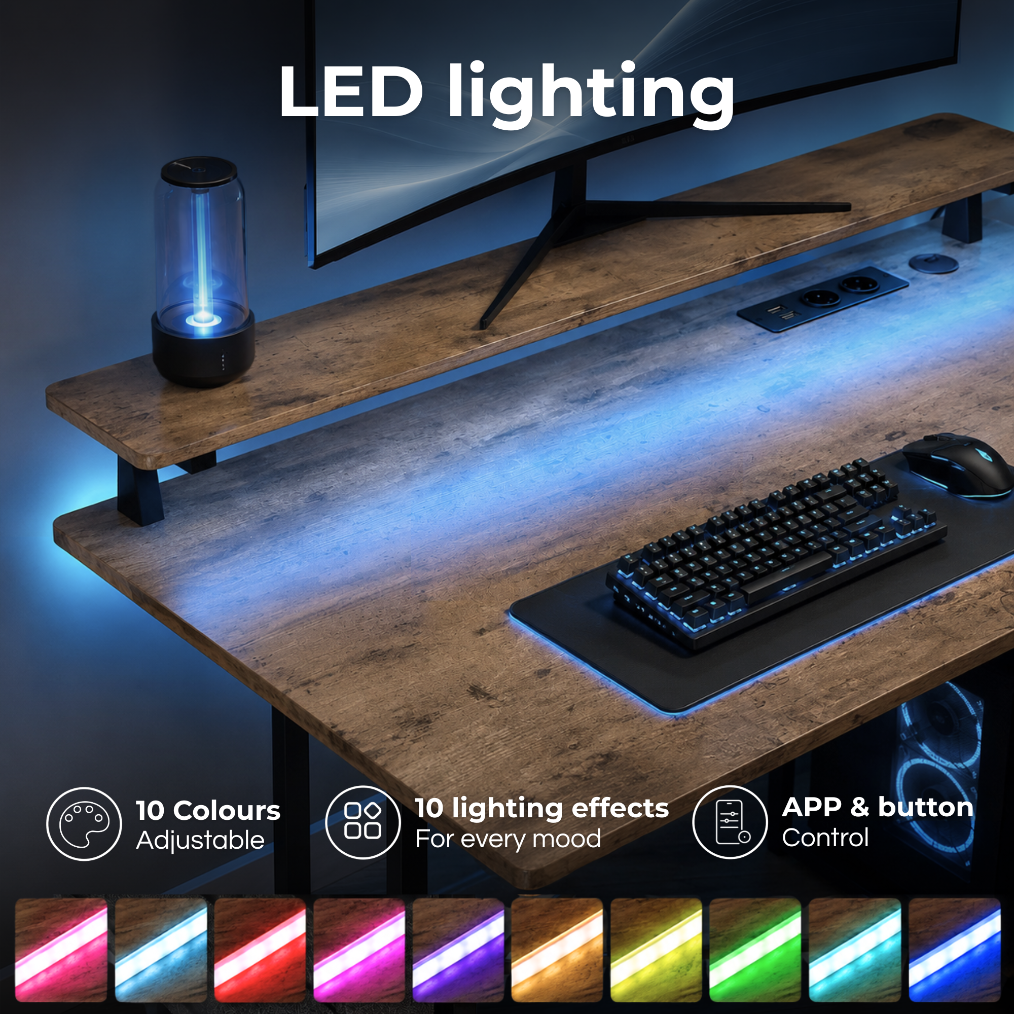 Gaming-Schreibtisch aus Holz mit blauer LED-Beleuchtung, Monitor, Tastatur und einer transparenten Lampe.