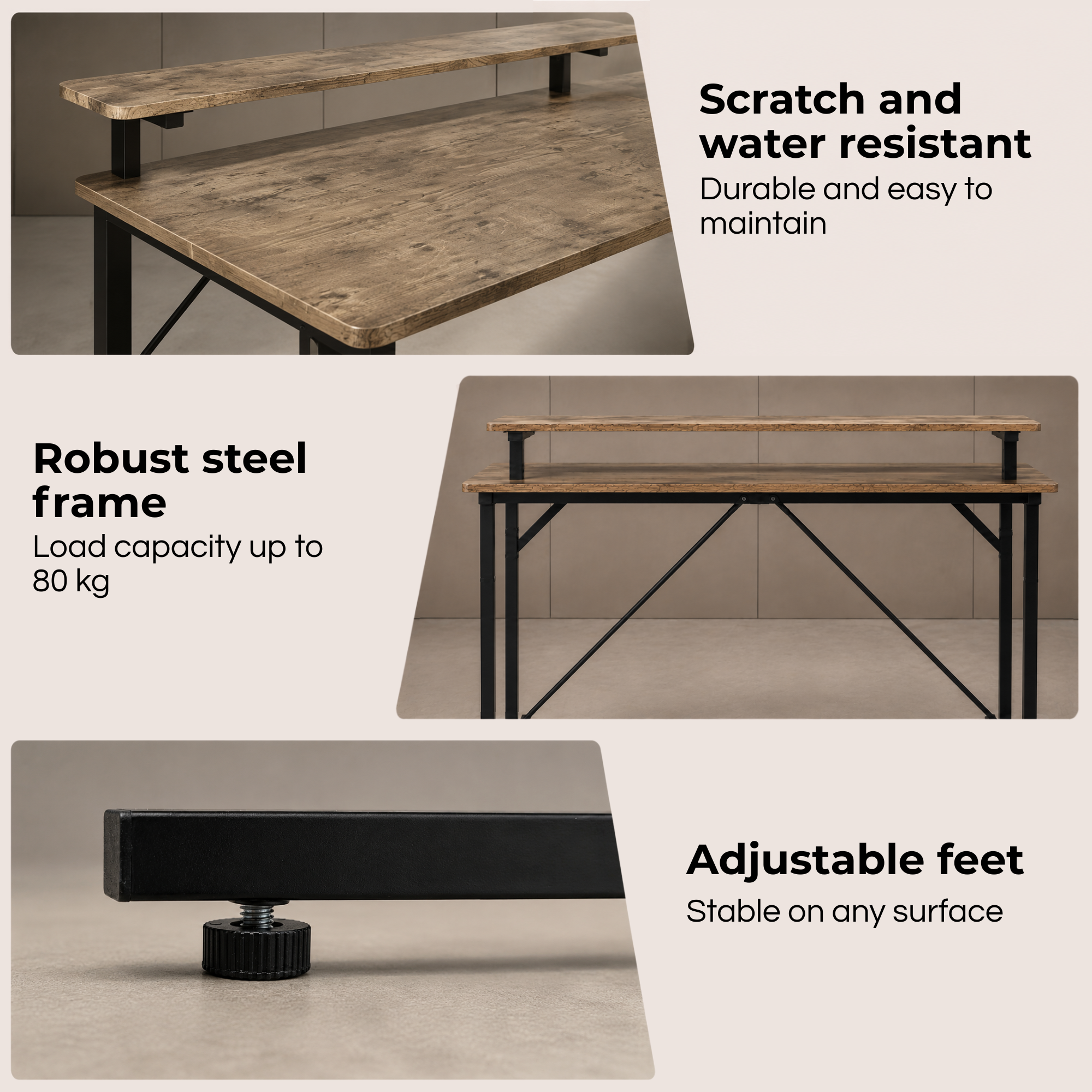 Ein Holzschreibtisch mit Metallgestell, Aufsatz, stabilen Beinen und verstellbaren Füßen zeigt seine Produktdetails.