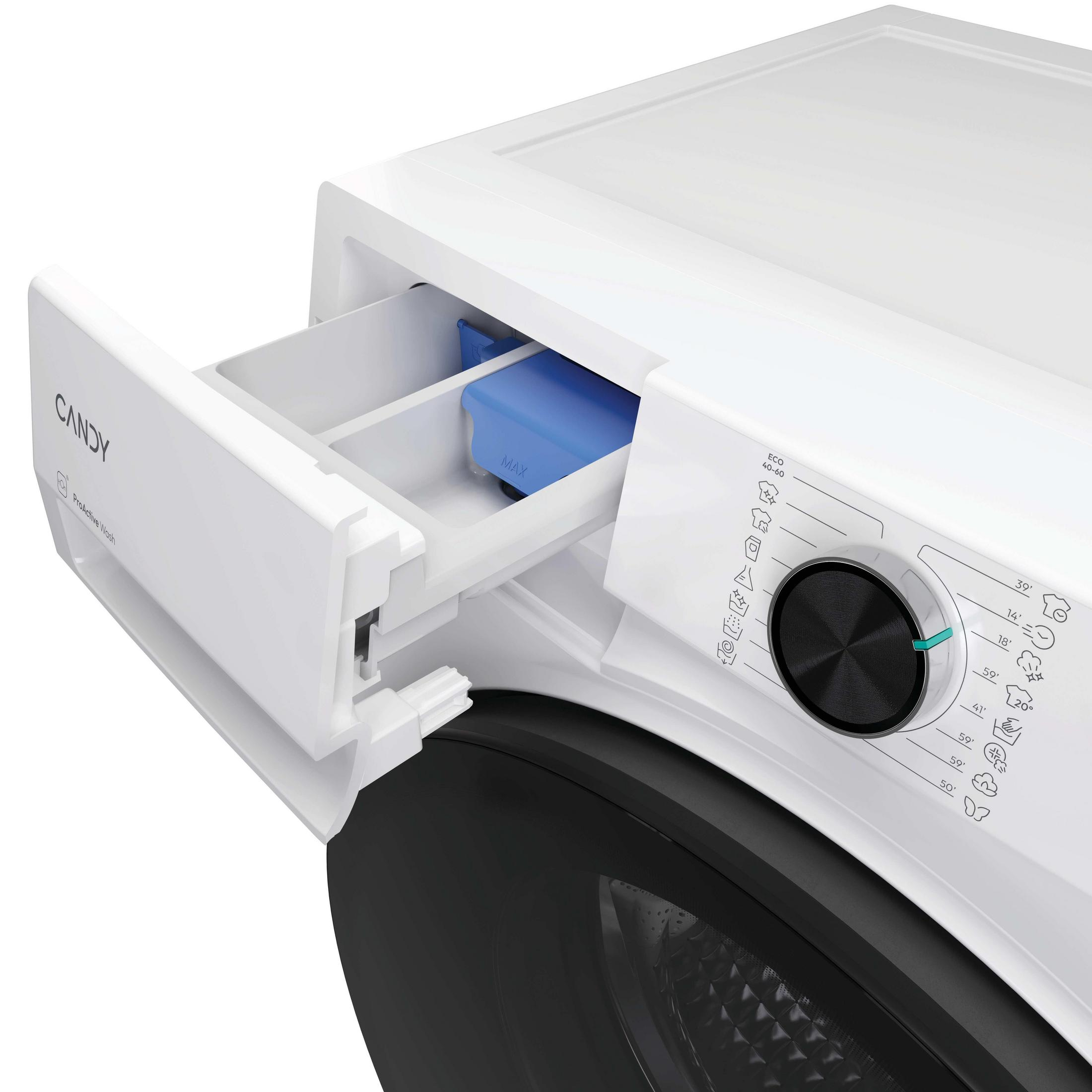 Lavatrice bianca con cassetto del detersivo aperto e manopola programmi.