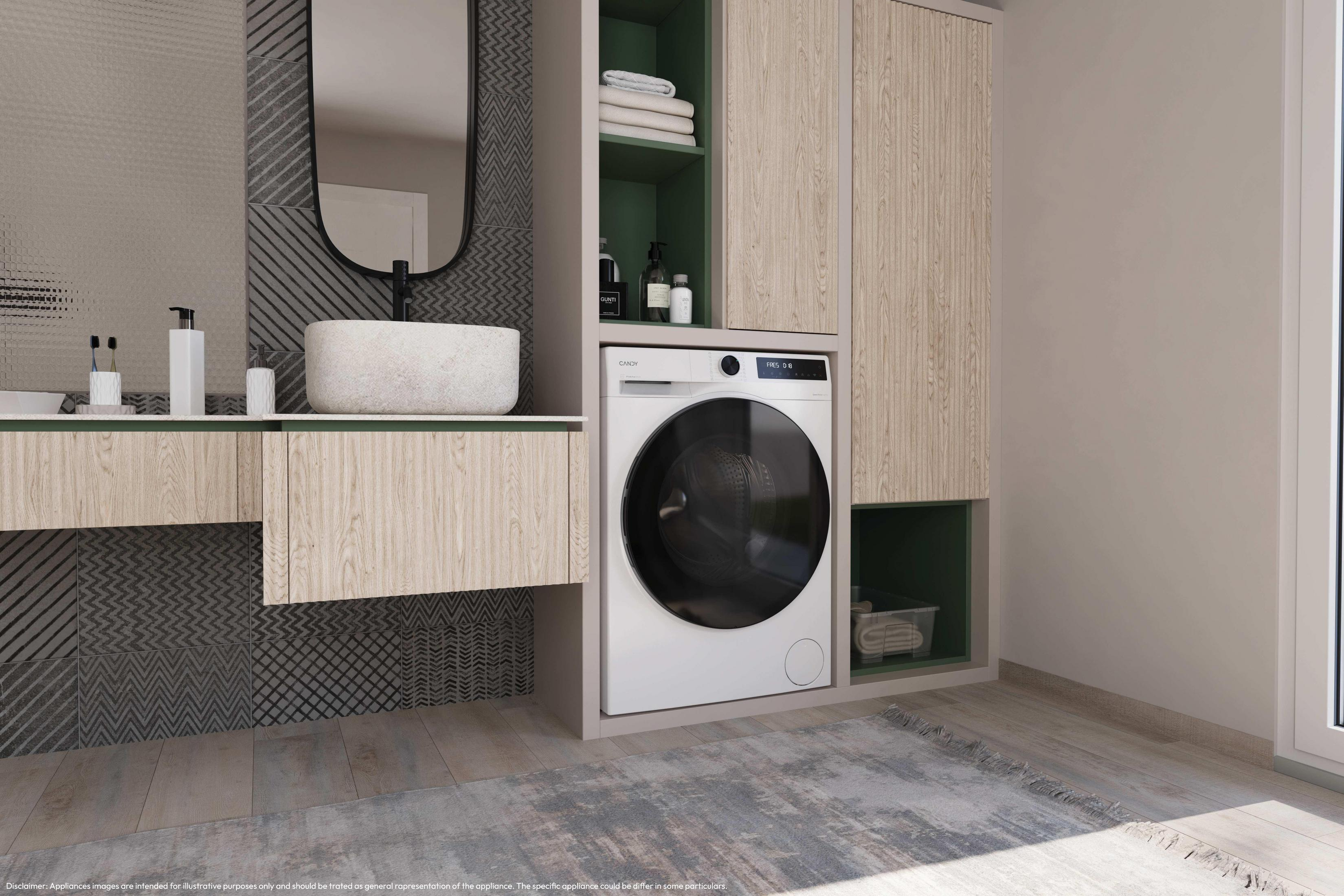 Un bagno moderno con dettagli in legno, lavabo in pietra, specchio e lavatrice integrata.