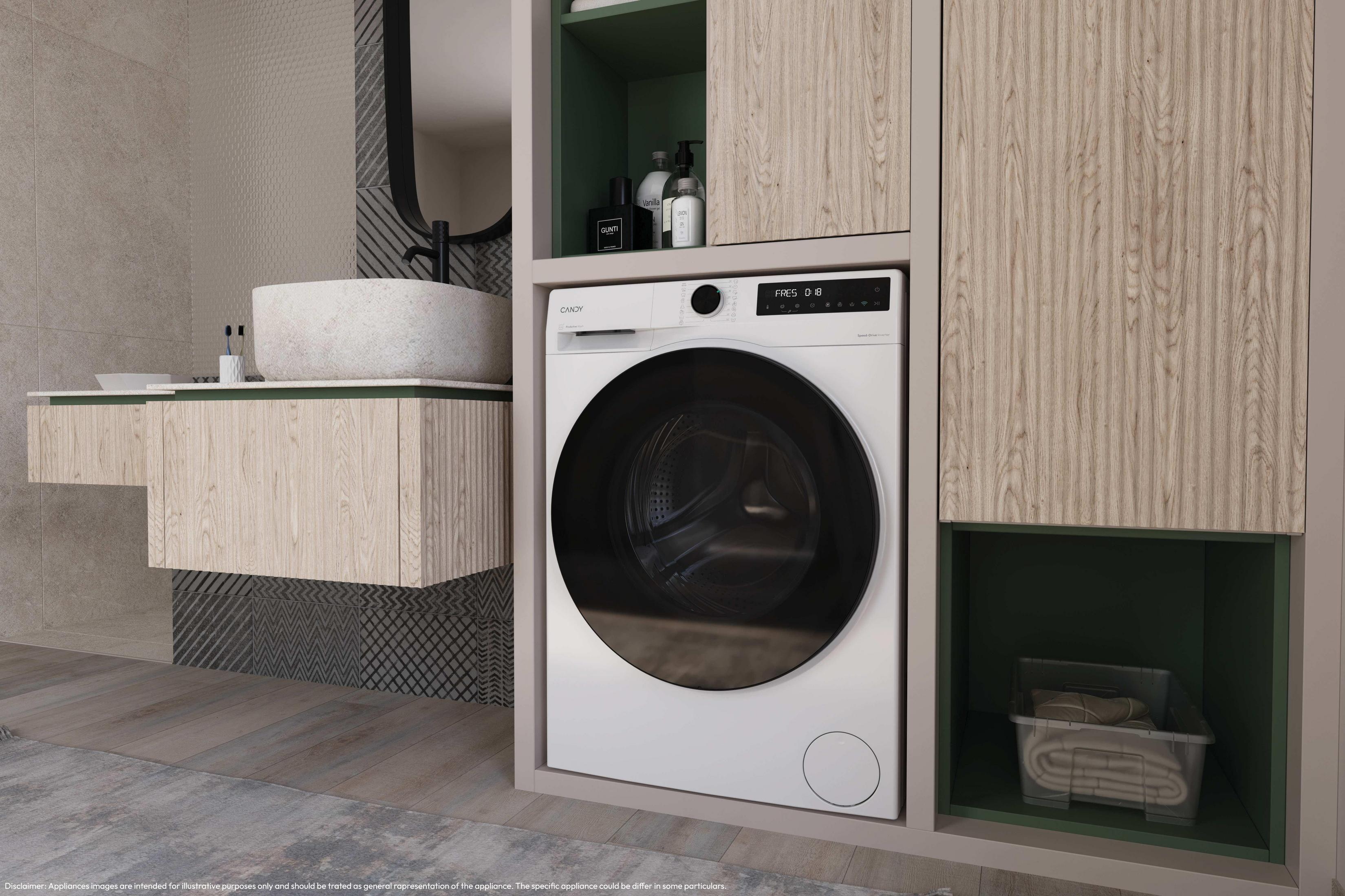 Lavatrice moderna in un bagno elegante con mobili in legno e lavandino in pietra.