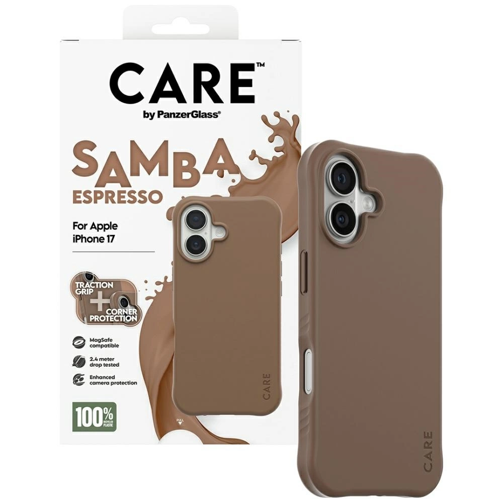 Beyaz ambalajın önünde iPhone 17 için kahverengi CARE by PanzerGlass Samba Espresso telefon kılıfı.