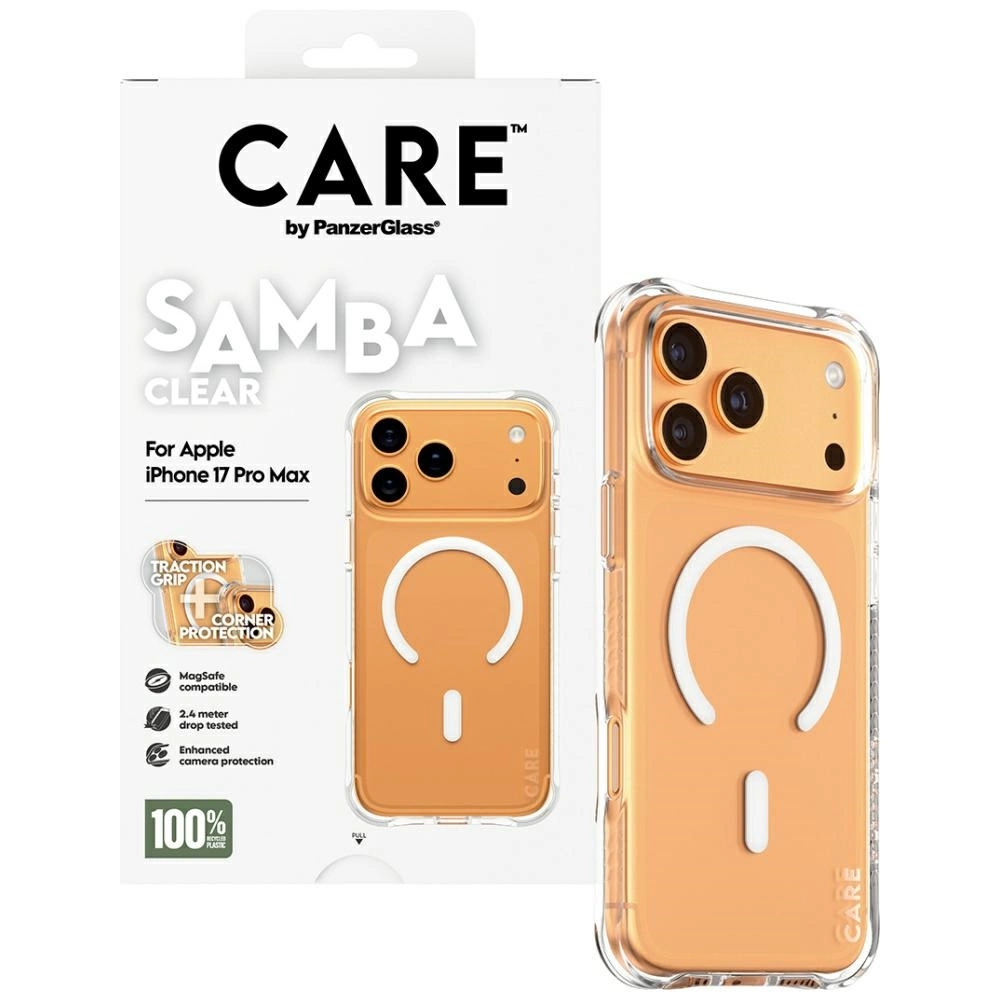 Custodia per telefono Care by PanzerGlass Samba Clear per iPhone 17 Pro Max con la sua confezione.