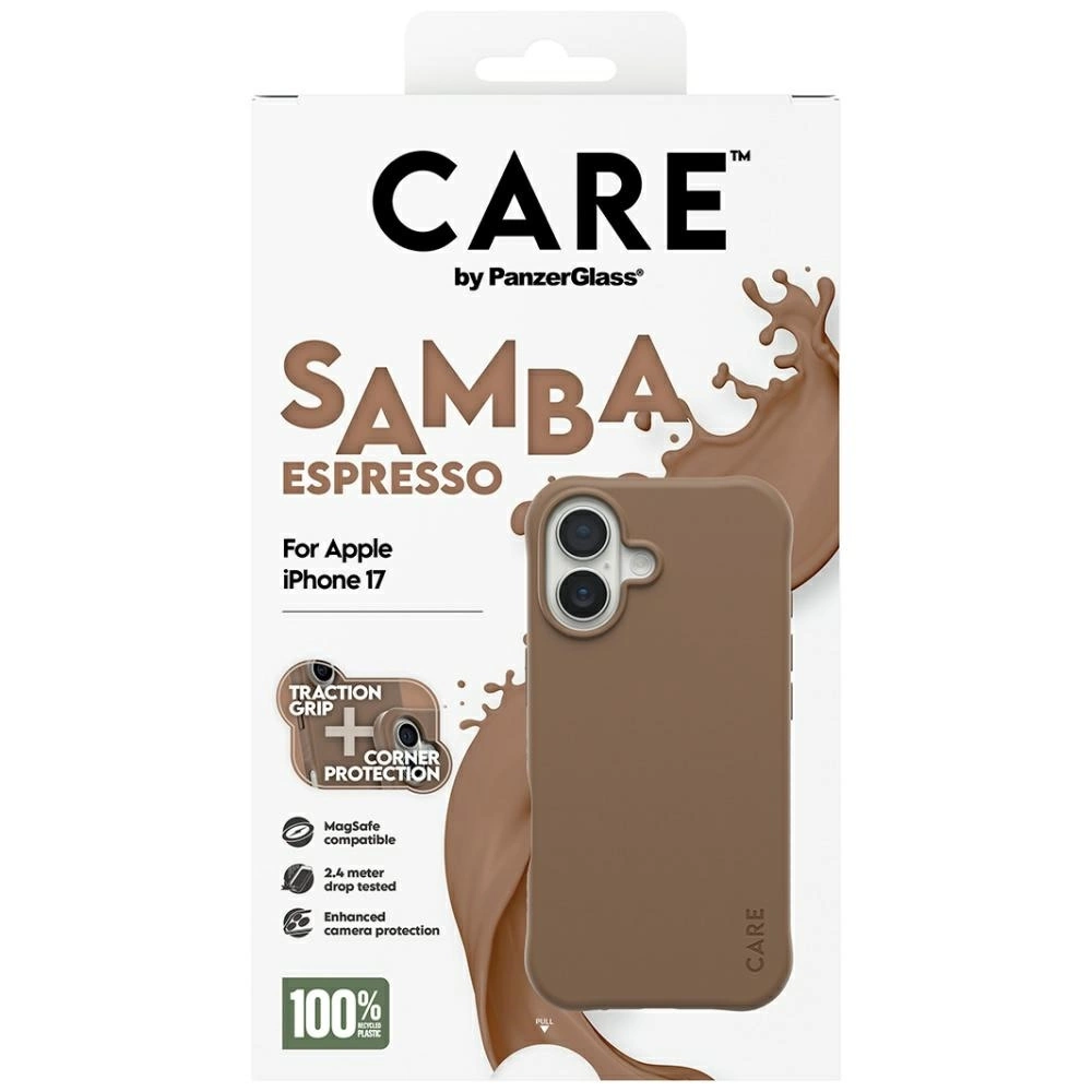 Kahverengi sıçrama görsellerine sahip Apple iPhone 17 için Care by PanzerGlass Samba Espresso kılıf ambalajı.