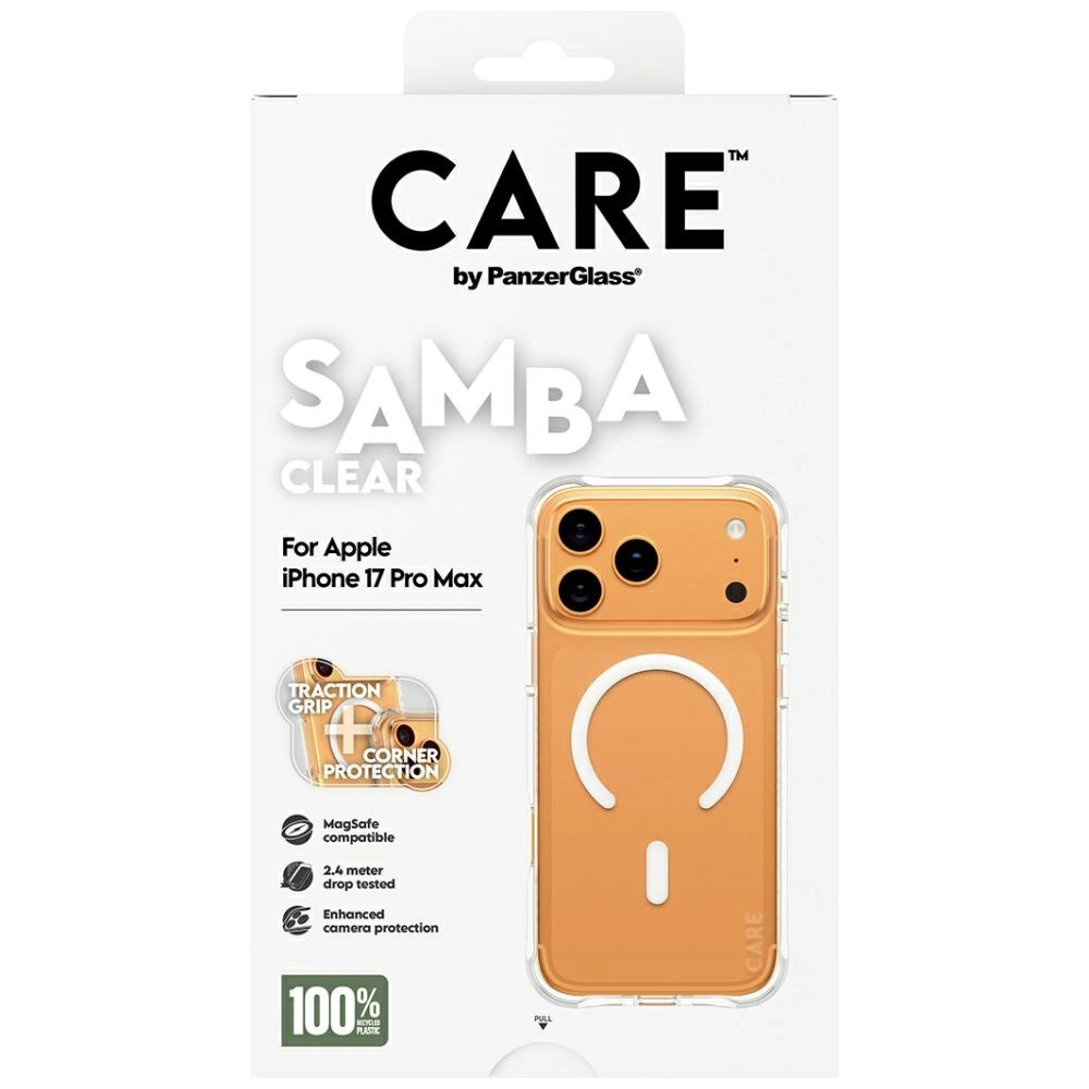 Confezione della custodia Care by PanzerGlass Samba Clear per Apple iPhone 17 Pro Max su sfondo bianco.