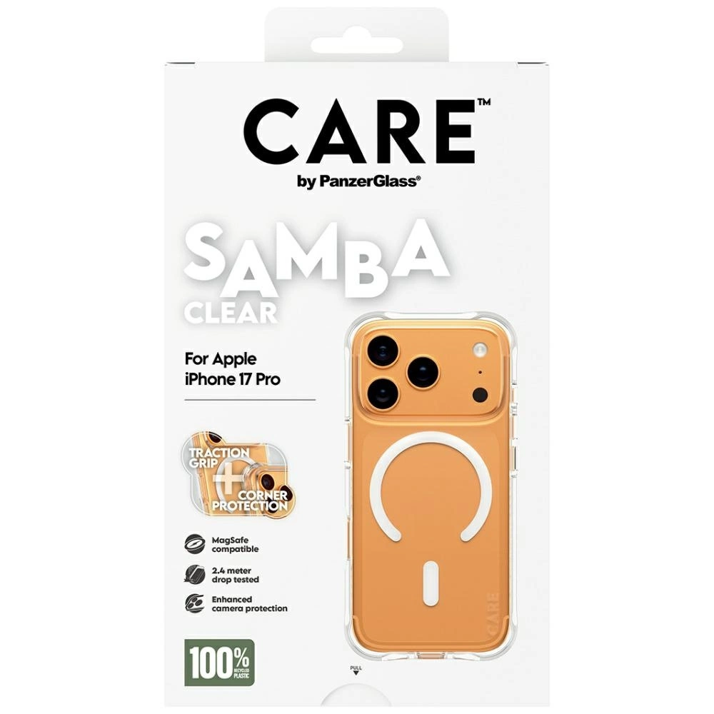 Turuncu bir akıllı telefon için şeffaf koruyucu kılıfın ürün ambalajı, Care by PanzerGlass.