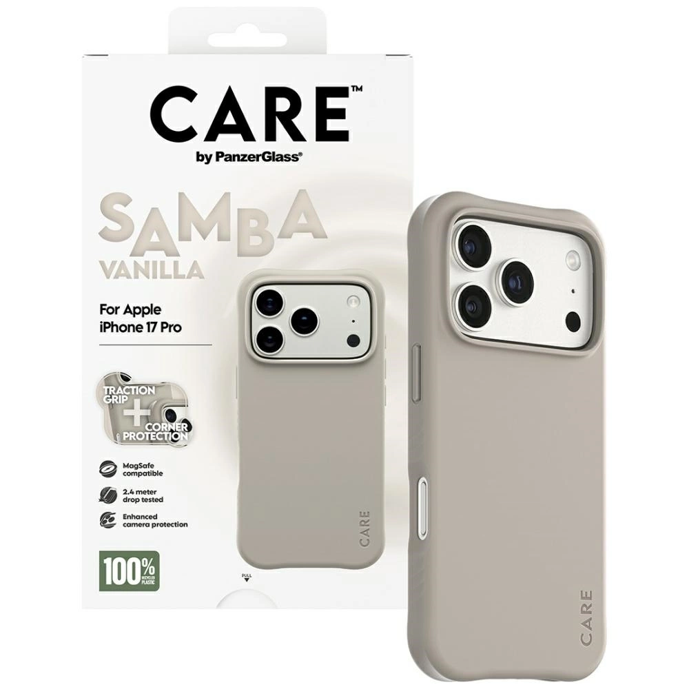 Vanilla renkli CARE iPhone 17 Pro telefon kılıfı ve ürün detaylı beyaz ambalajı.