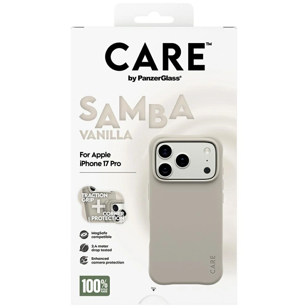 Açık bej renkli iPhone 17 Pro için Care by PanzerGlass Samba Vanilla telefon kılıfı ambalajı.