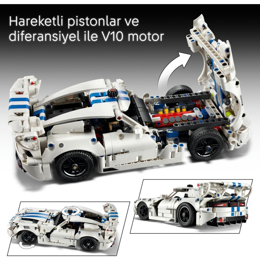 Mavi şeritli beyaz Lego Technic yarış arabası, motoru gösteren açık kaput ve arabanın küçük görselleri.