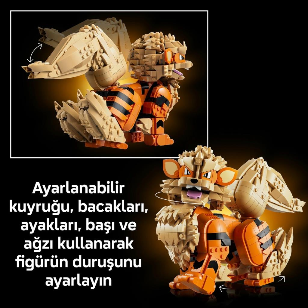 Koyu arka plan önünde ayarlanabilir kuyruk ve bacaklara sahip Lego Arcanine figürü.
