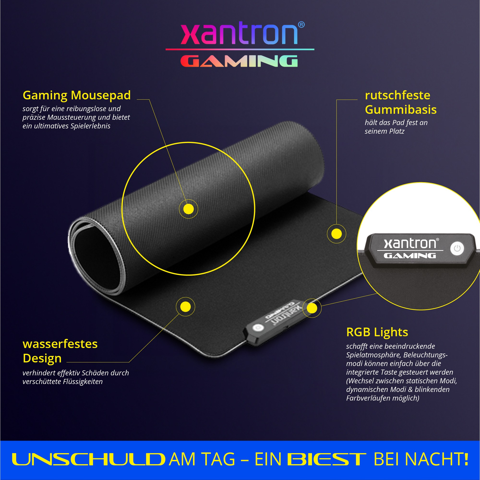 Xantron Gaming-Mauspad mit RGB-Beleuchtung, rutschfester Gummibasis und wasserfestem Design.
