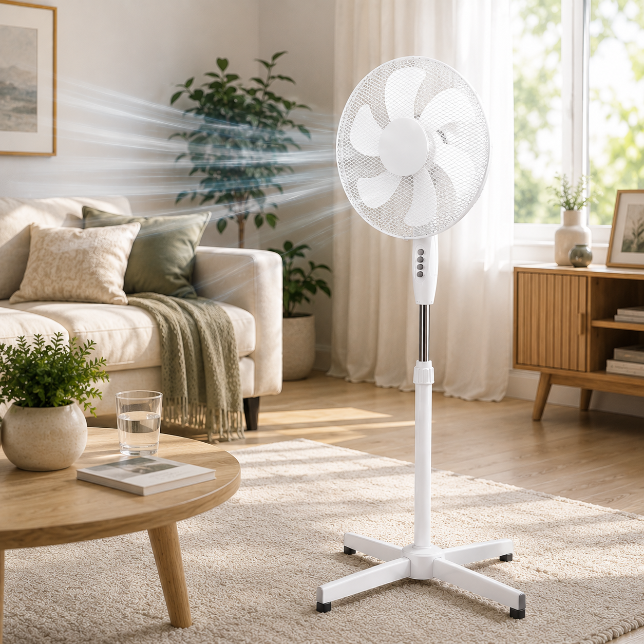 Ein weißer Standventilator bläst Luft in ein helles, modernes Wohnzimmer mit Sofa und Pflanzen.