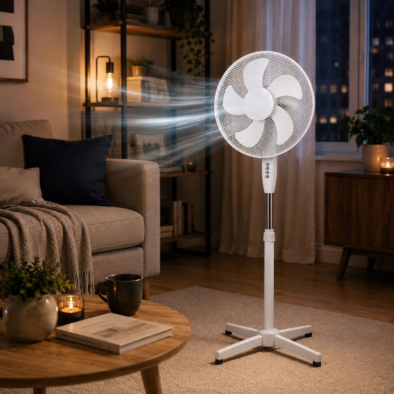 Ein weißer Standventilator in einem gemütlichen Wohnzimmer bläst Luft mit sichtbaren Streifen.