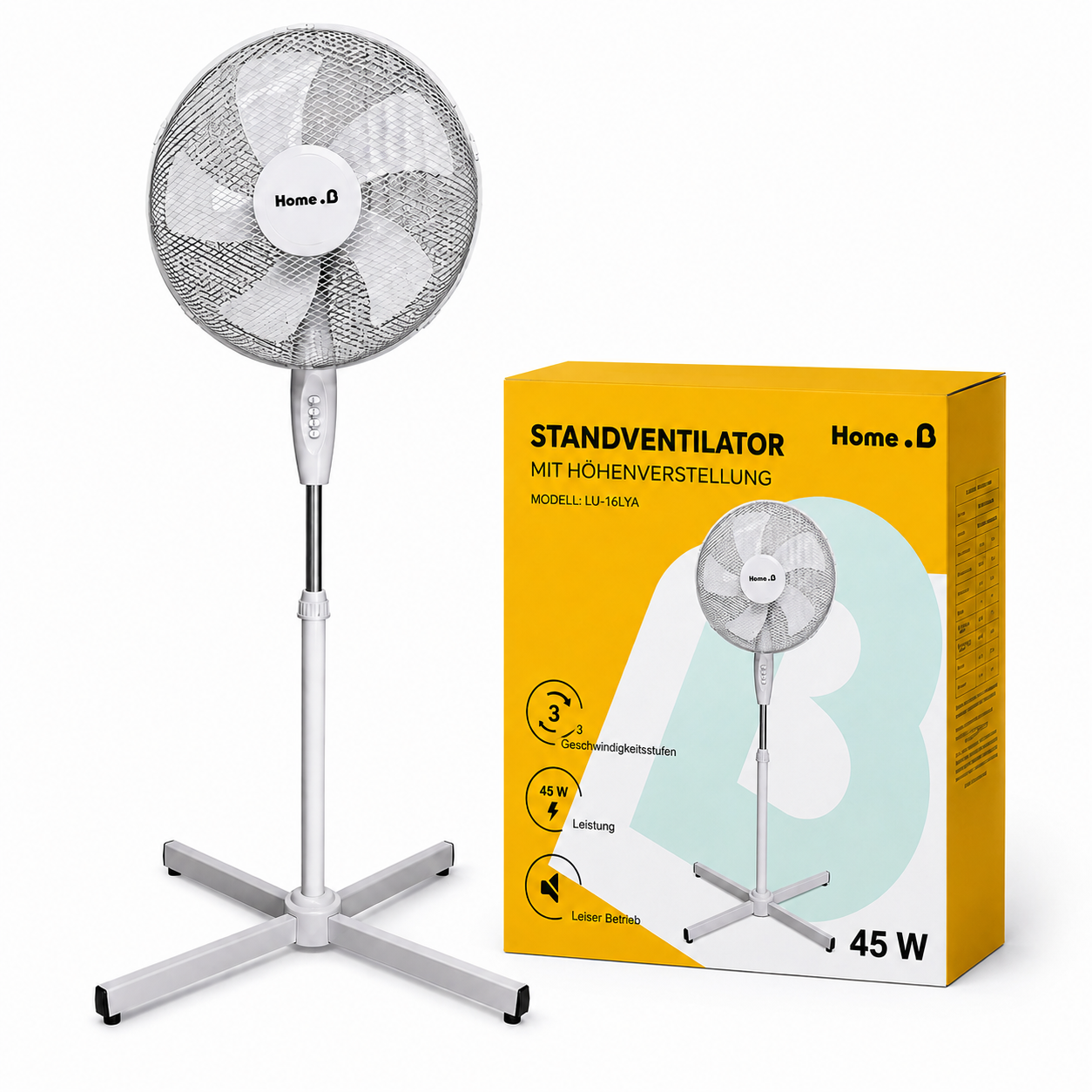Weißer Standventilator mit Kreuzfuß neben seiner gelben Produktverpackung auf weißem Hintergrund.