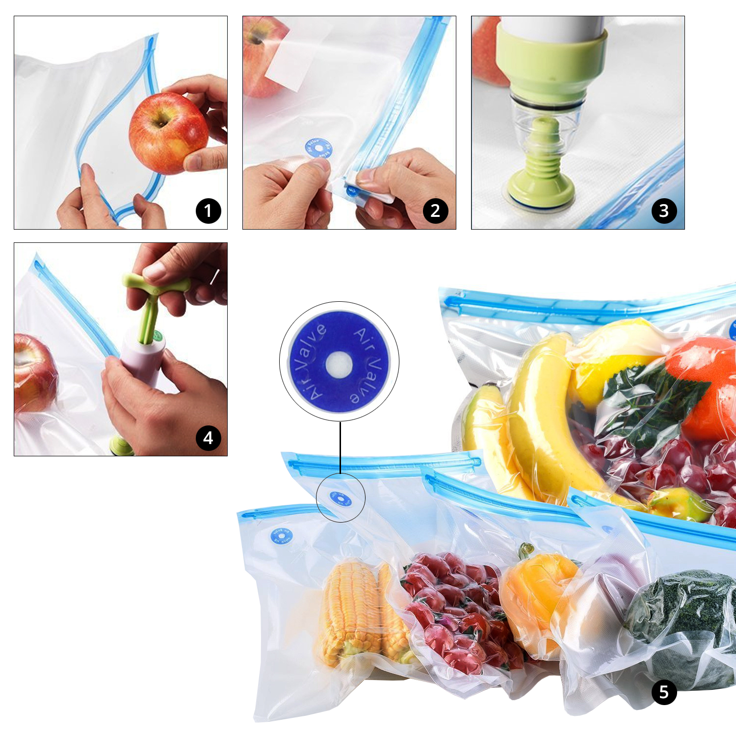 Schritte zum Vakuumieren von Obst und Gemüse in Plastiktüten mit einer Pumpe.
