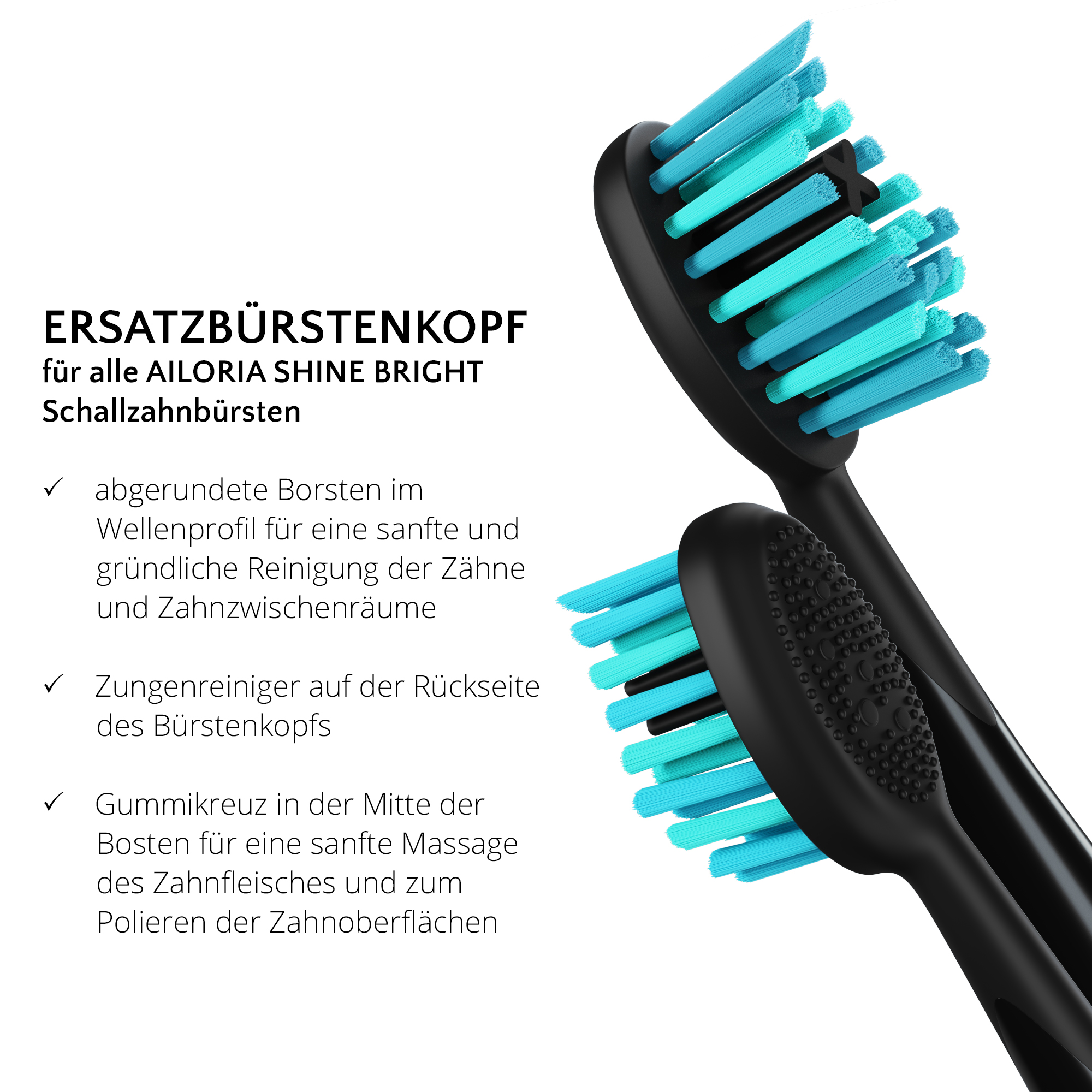 Dos cabezales de cepillo de dientes eléctrico negro con cerdas azules.