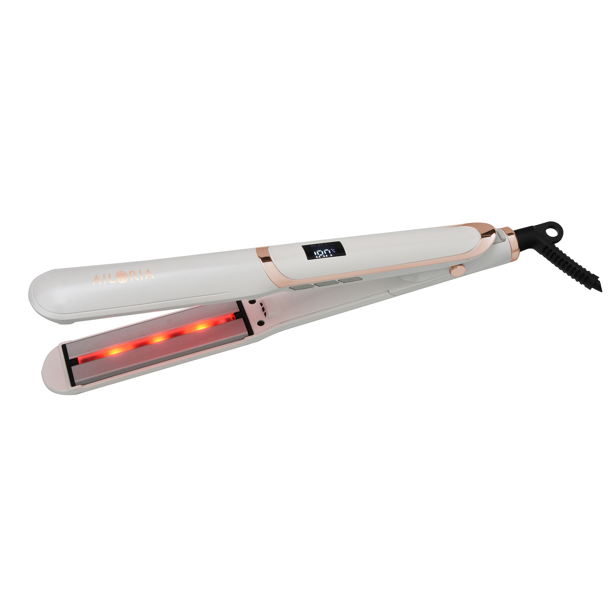 Weißer und roségoldener Haarglätter mit digitaler Anzeige und rot leuchtenden Heizplatten vor weißem Hintergrund.