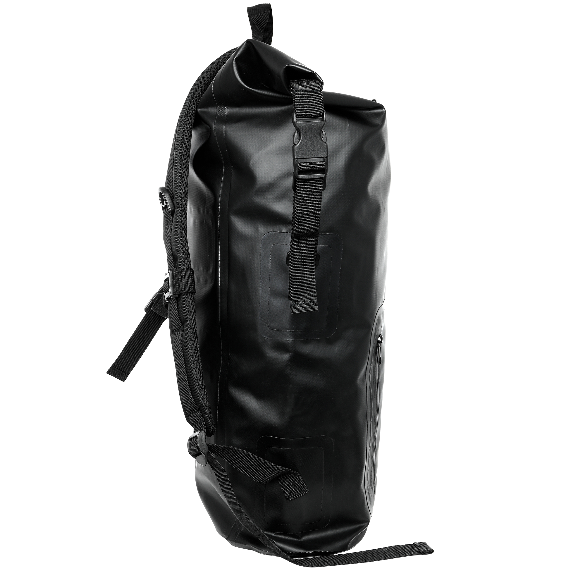 Schwarzer, wasserdichter Rucksack in Seitenansicht vor schwarzem Hintergrund.
