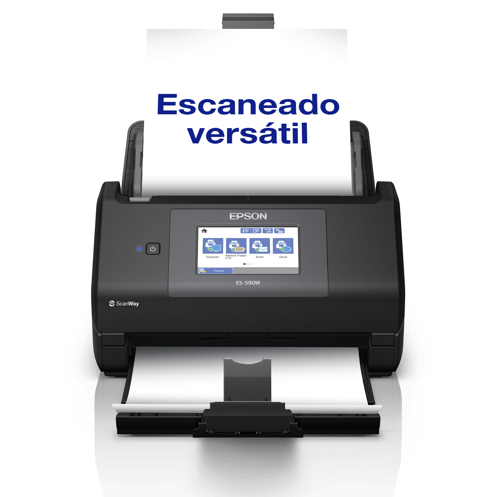 Uno scanner per documenti Epson ES-590W nero con carta caricata su sfondo bianco.