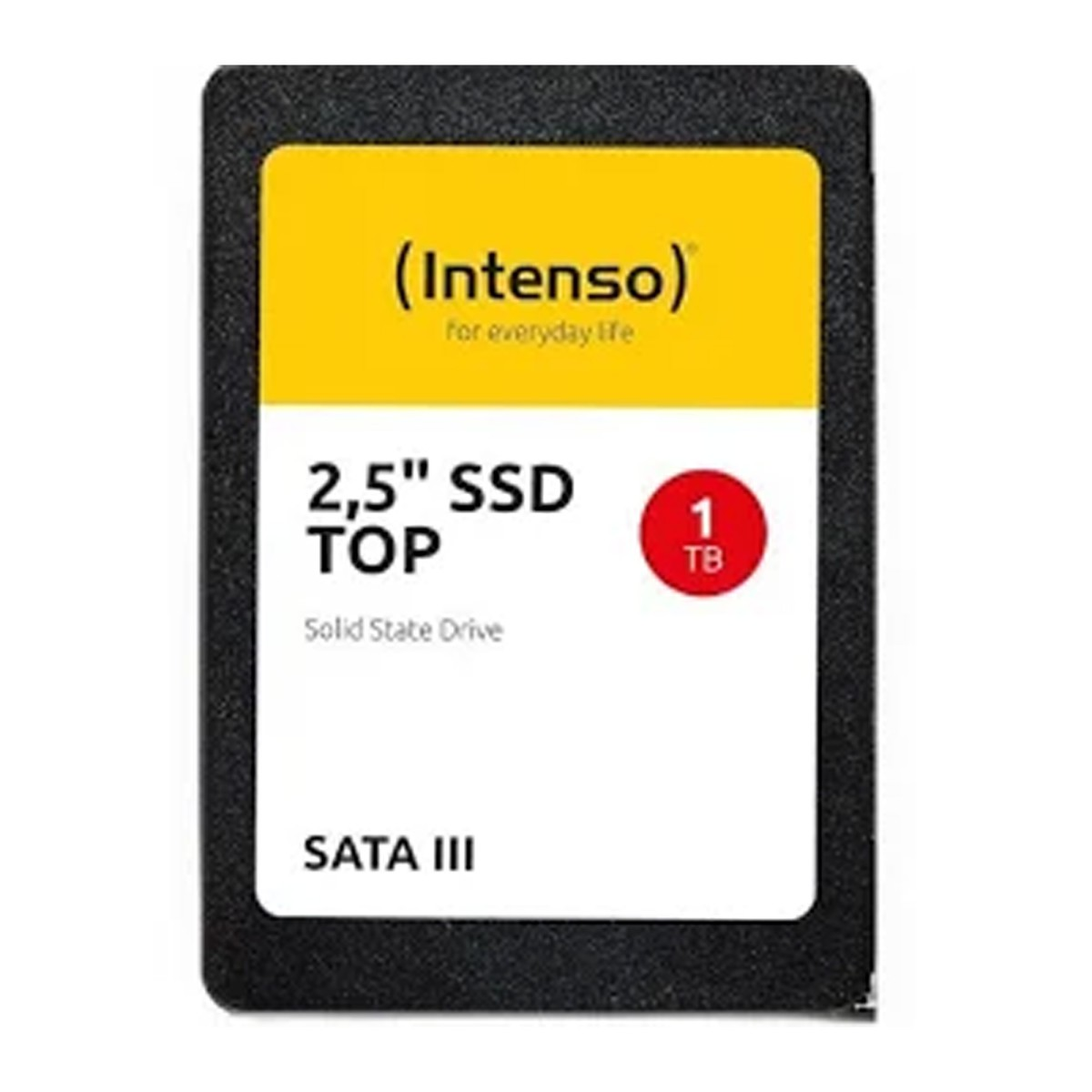 SSD Intenso da 1TB SATA III da 2,5 pollici con custodia nera ed etichetta gialla e bianca.