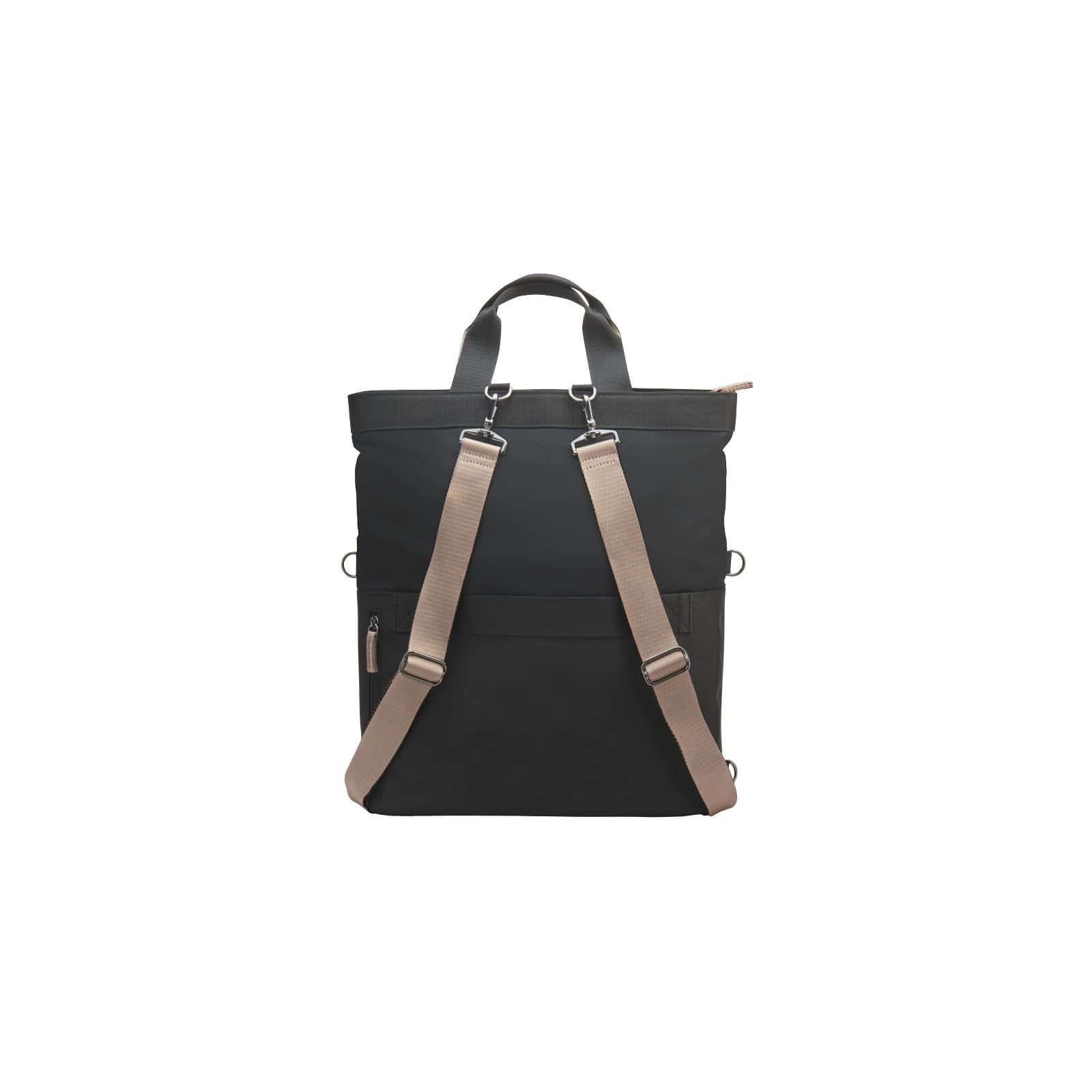 Zaino nero con spallacci regolabili e manici beige, su sfondo bianco.