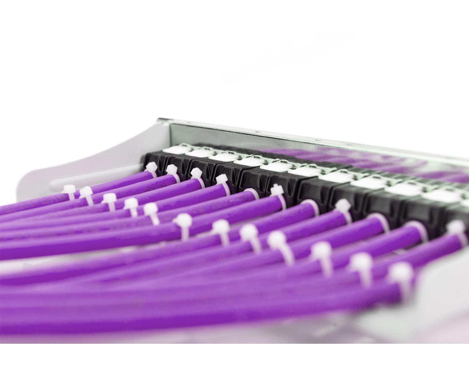 Cavi viola paralleli, fissati con fascette bianche su un supporto di metallo e plastica.
