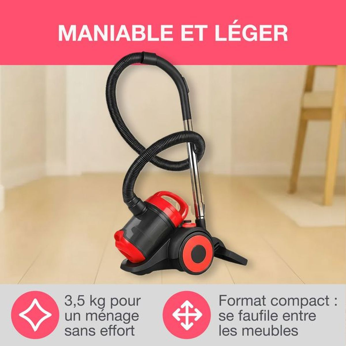 Un aspirapolvere rosso e nero compatto e leggero su un pavimento in legno.