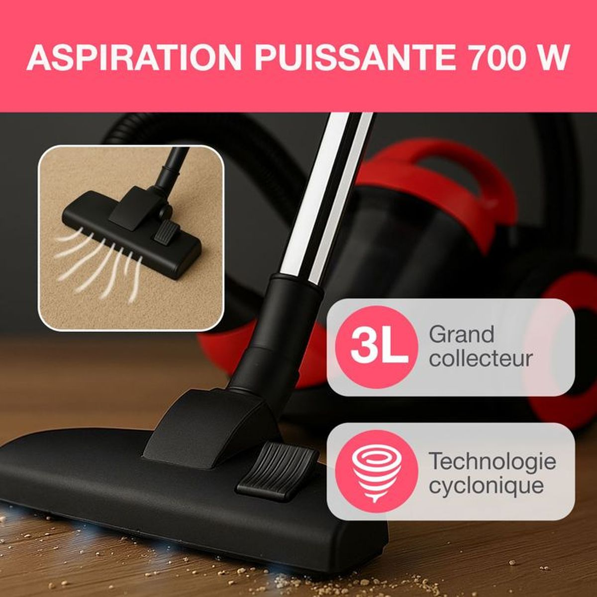 Potente aspirapolvere 700W con serbatoio da 3L e tecnologia ciclonica.