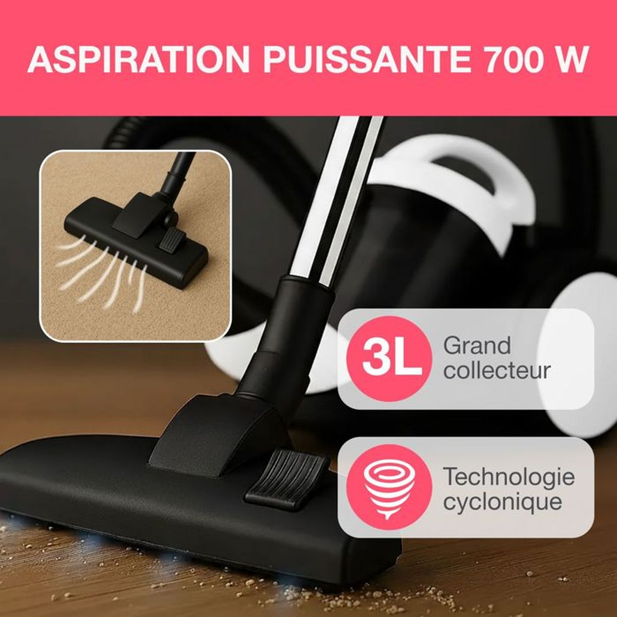 Immagine promozionale di un aspirapolvere con 700W, contenitore da 3L e tecnologia ciclonica.