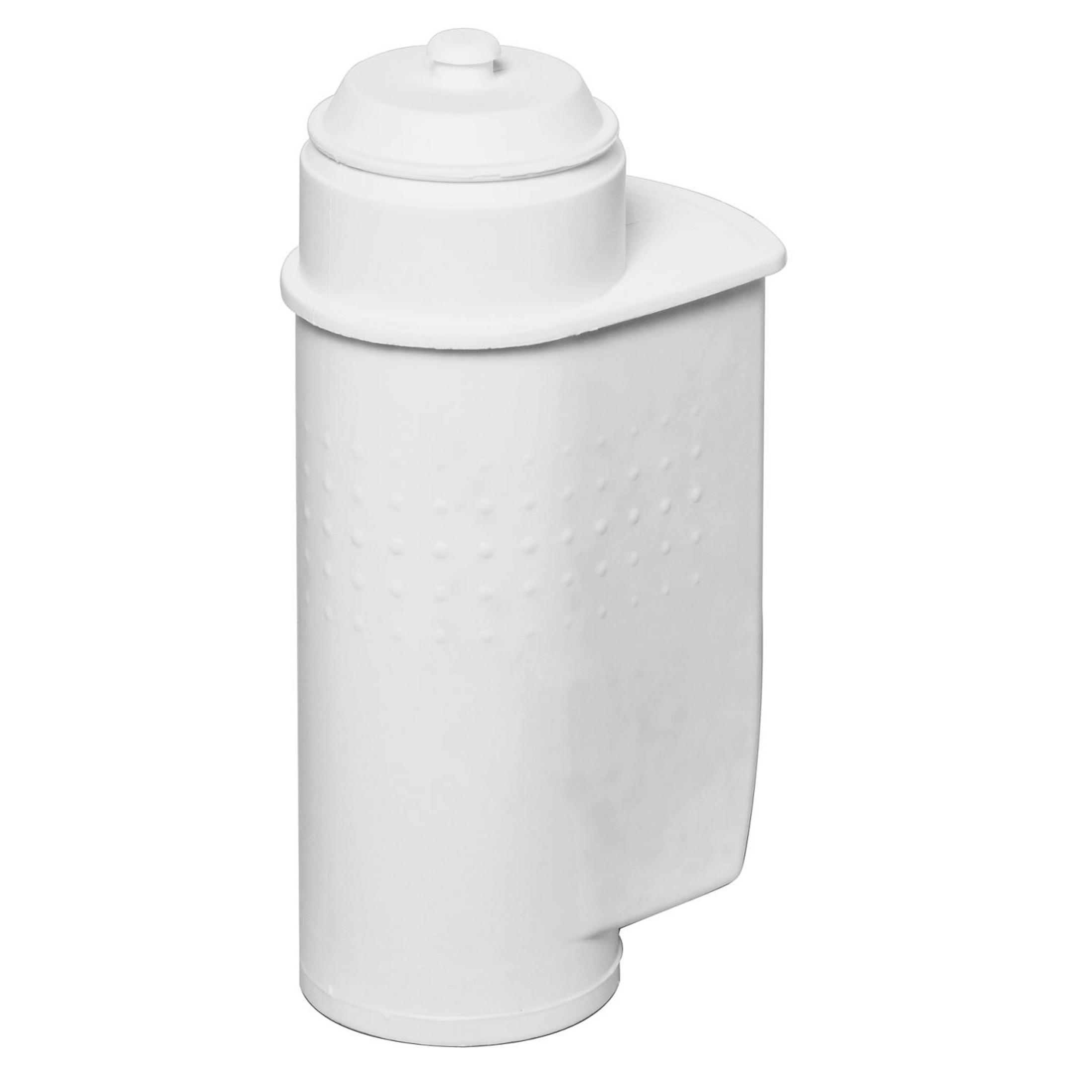 Un filtro per acqua cilindrico bianco con una maniglia sulla parte superiore, isolato su sfondo bianco.