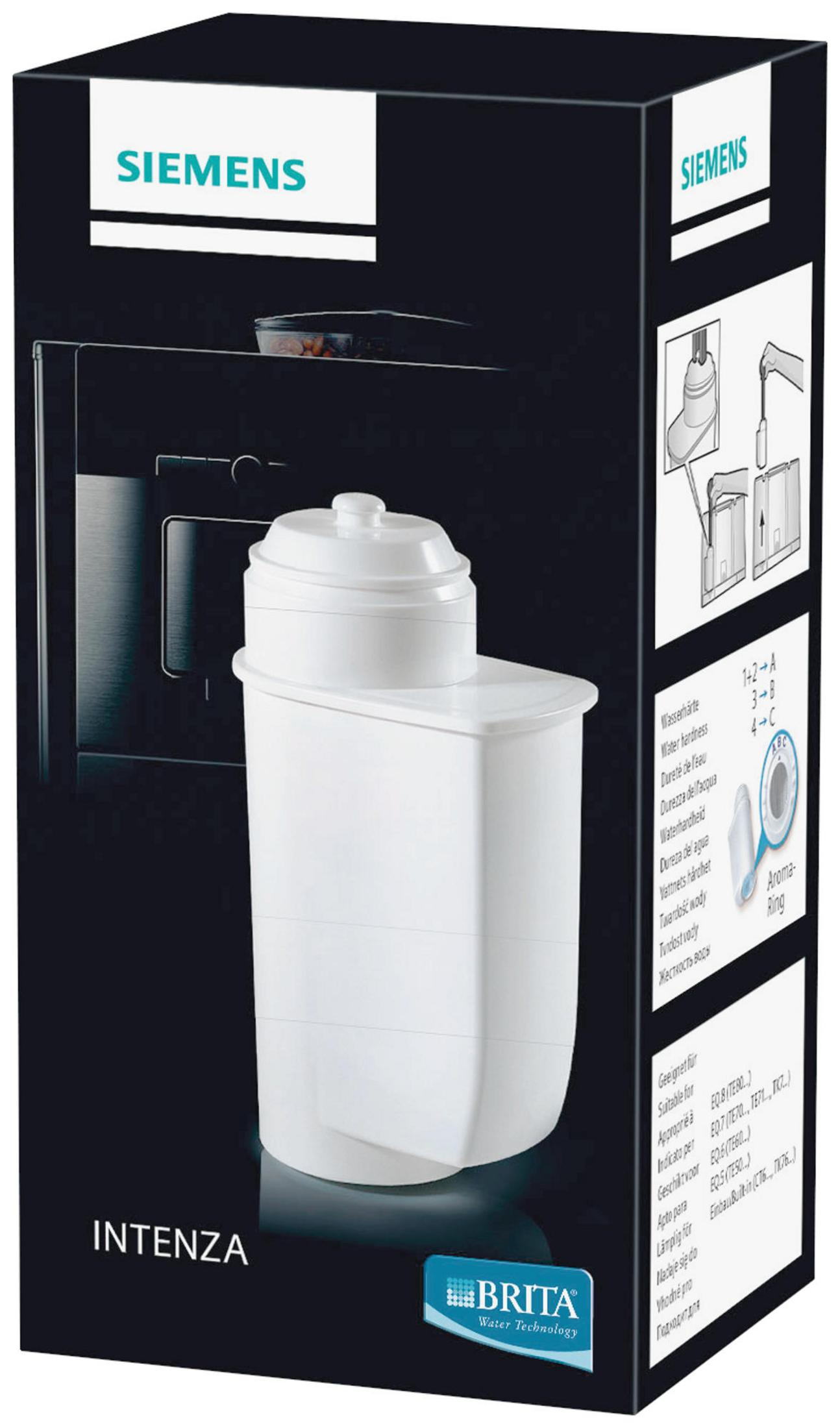 Un filtro per acqua bianco Siemens Intenza si trova davanti a una confezione nera.