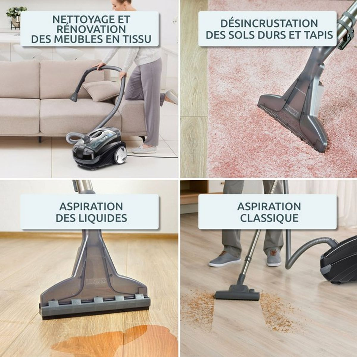Immagine a quattro pannelli che mostra usi dell'aspirapolvere: divano, tappeto, liquidi e pavimenti.