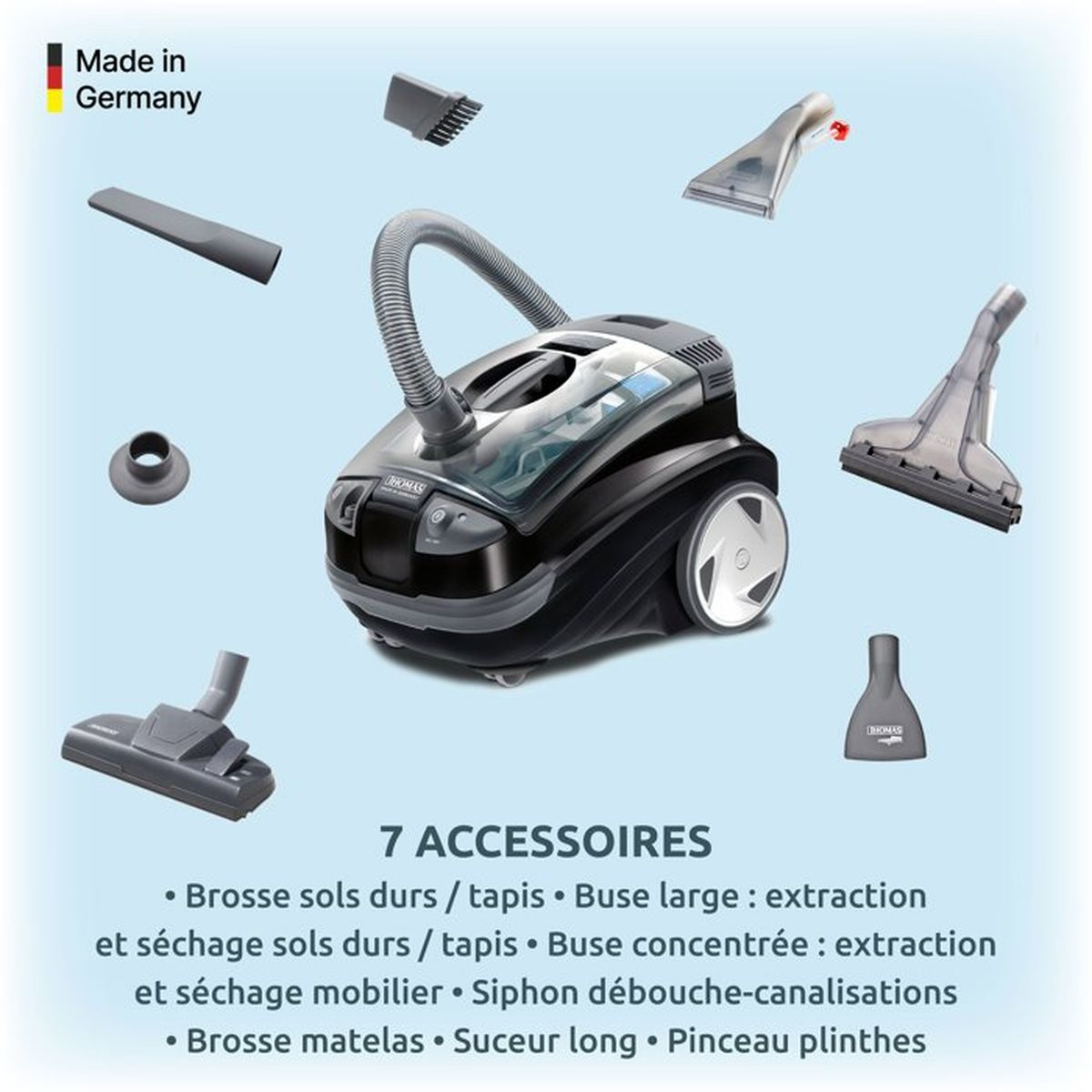 Aspirapolvere nero con sette accessori diversi su sfondo blu.