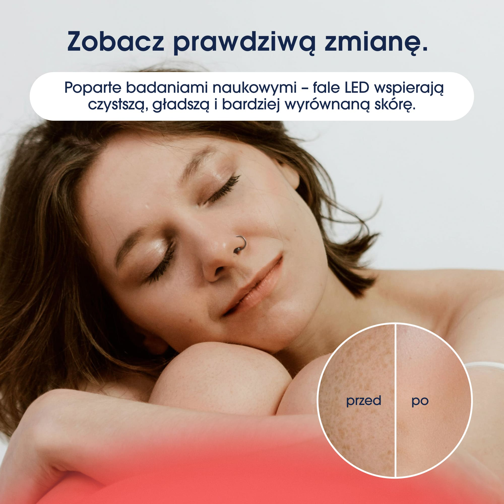 Kobieta z zamkniętymi oczami i porównanie skóry przed i po.
