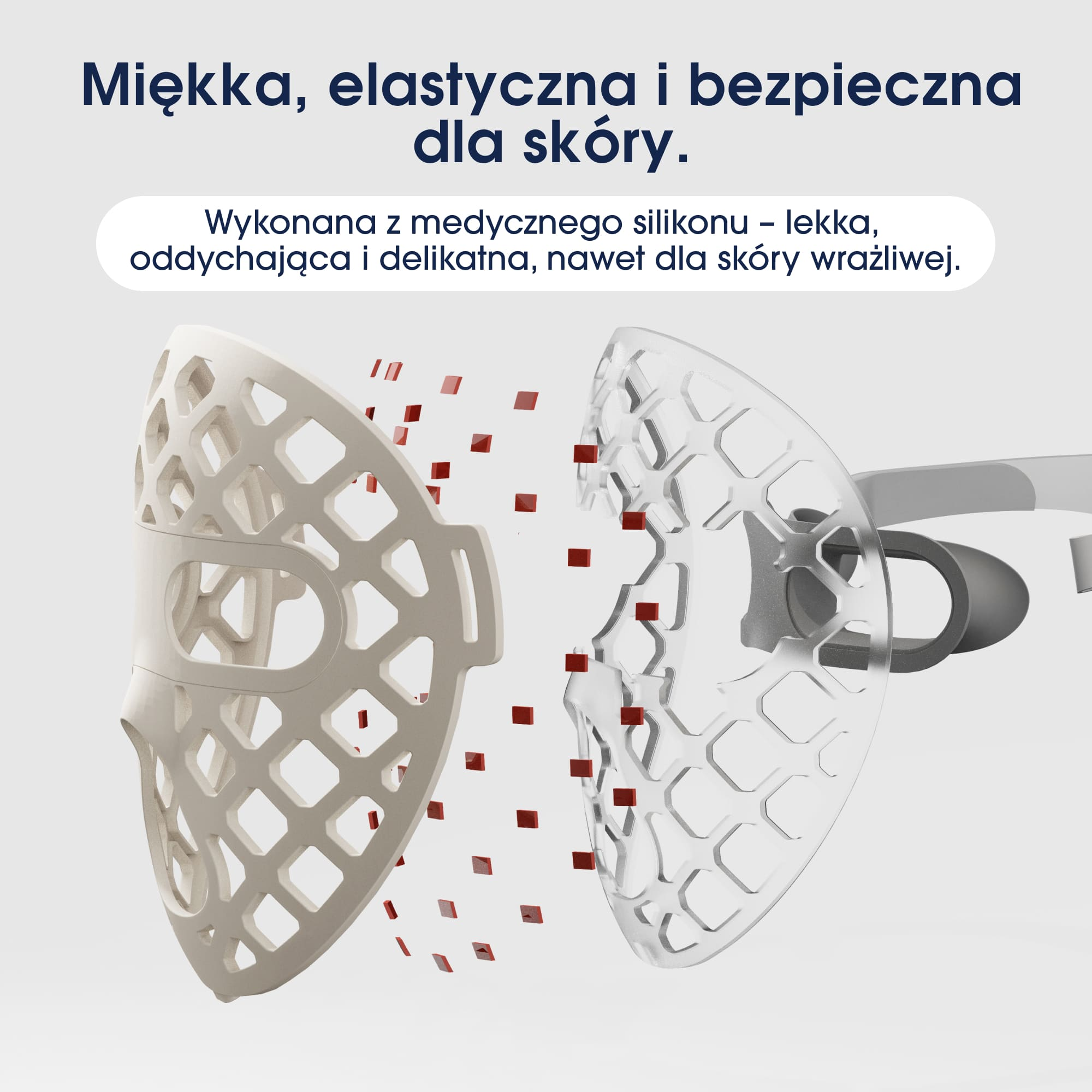 Maska z siatki z polskim tekstem podkreśla medyczny silikon.