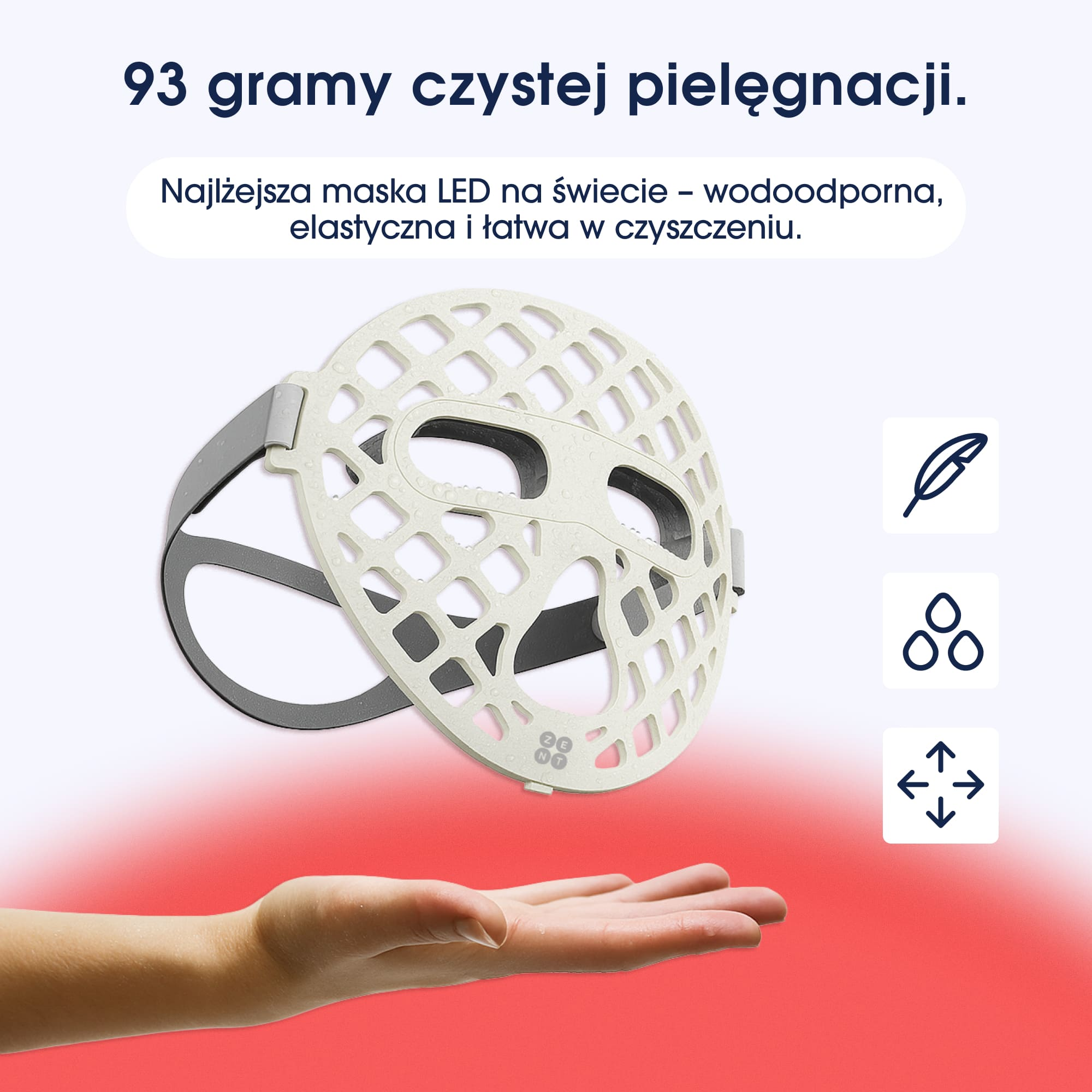 Lekka, elastyczna maska LED unosi się nad otwartą dłonią na biało-czerwonym tle.