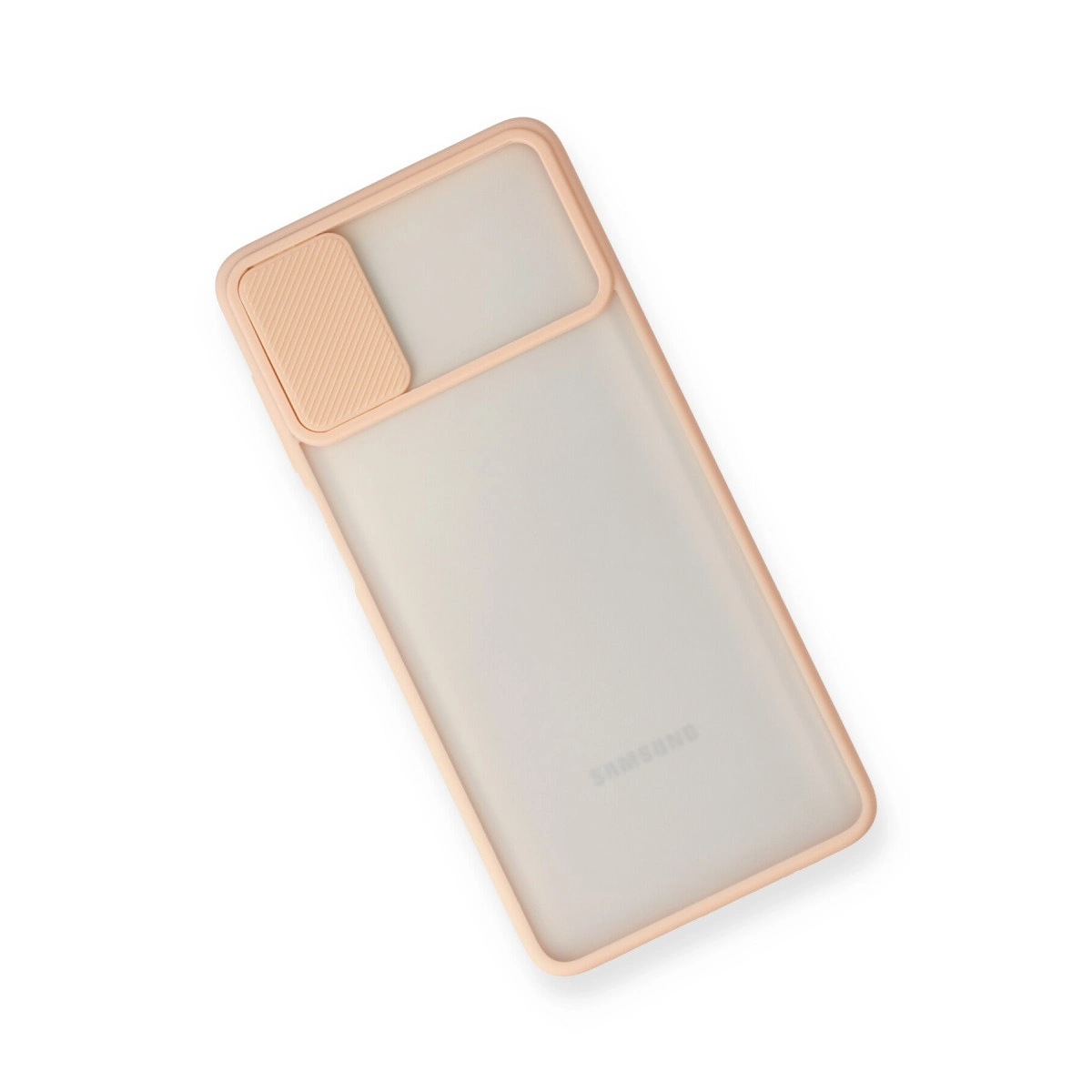Beyaz arka planda kaydırılabilir kamera kapaklı mat pastel pembe Samsung telefon kılıfı.