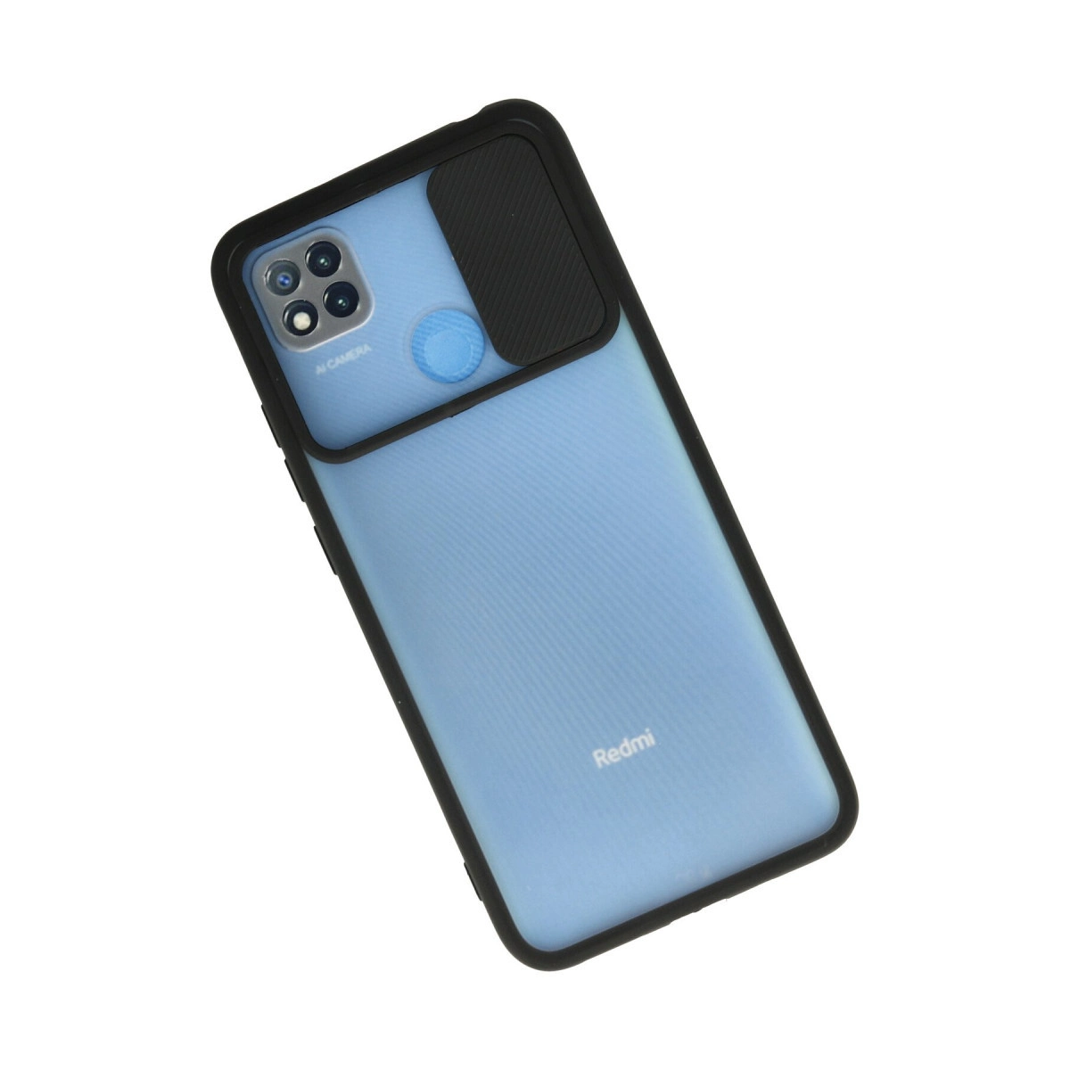 Beyaz arka planda siyah kenarlı ve sürgülü kamera kapaklı mavi Redmi akıllı telefon kılıfı.