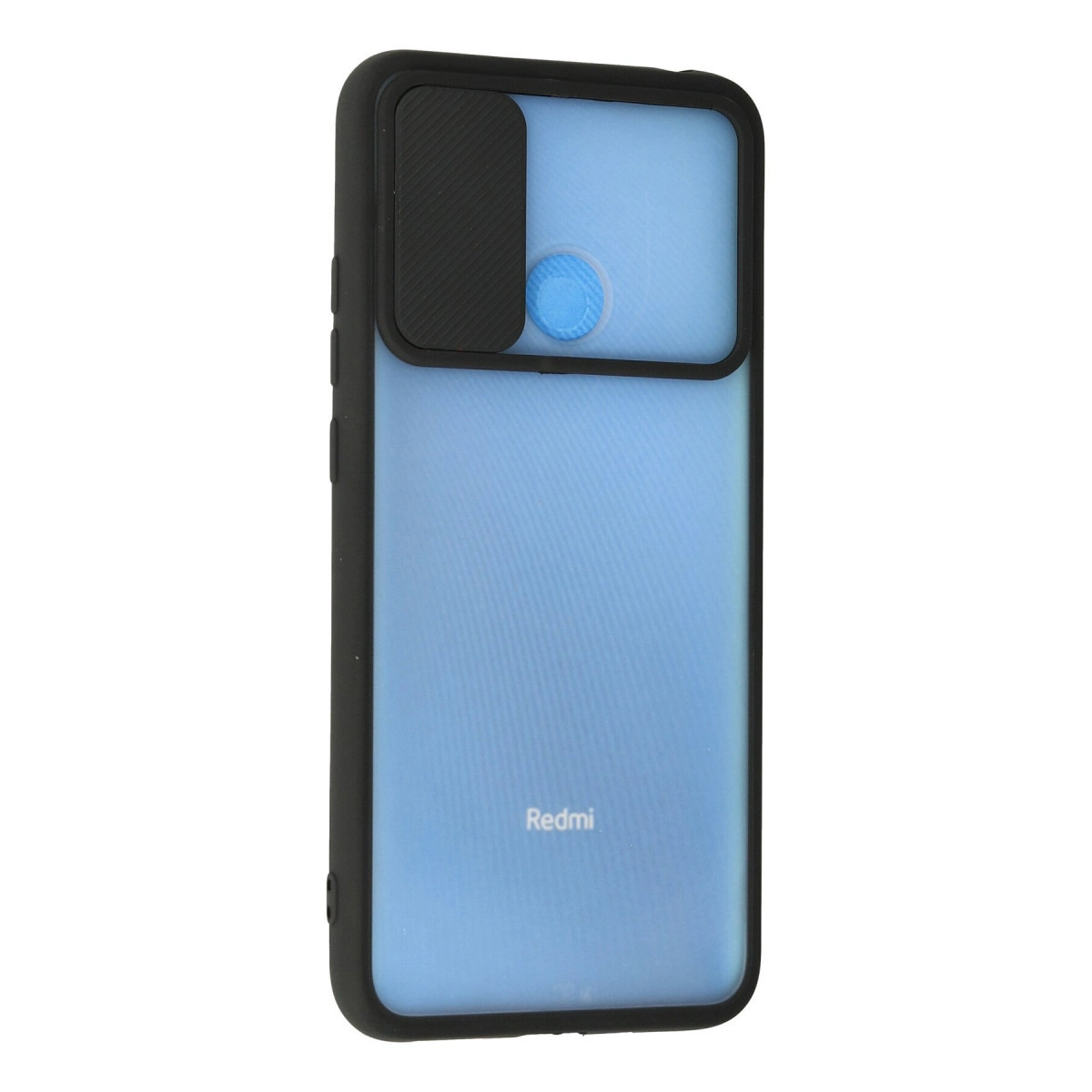Beyaz arkaplanda kaydırmalı kamera kapaklı siyah kılıf içinde açık mavi Redmi akıllı telefon.