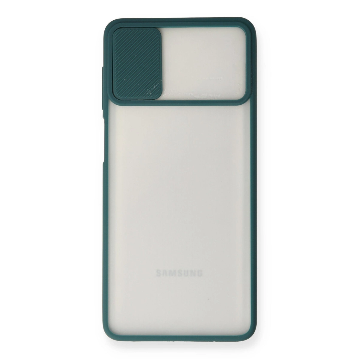 Sürgülü kamera kapaklı ve yarı saydam arka yüzeyli koyu yeşil bir Samsung telefon kılıfı.