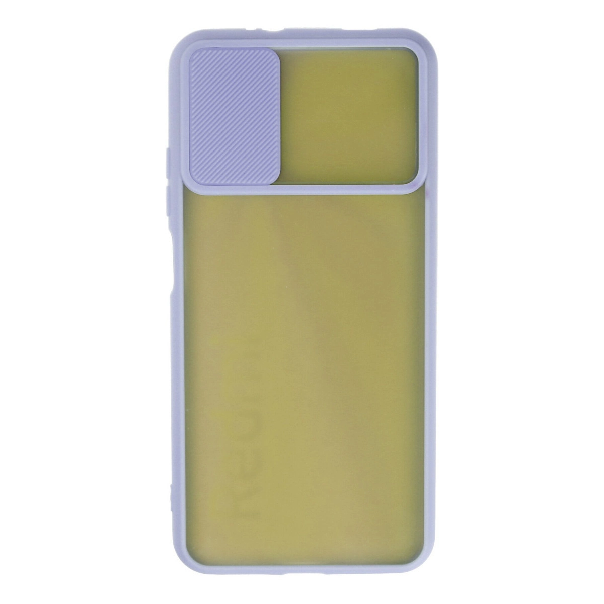 Kamera kapaklı ve mat sarı arka planlı mor telefon kılıfı, beyaz arka planda.