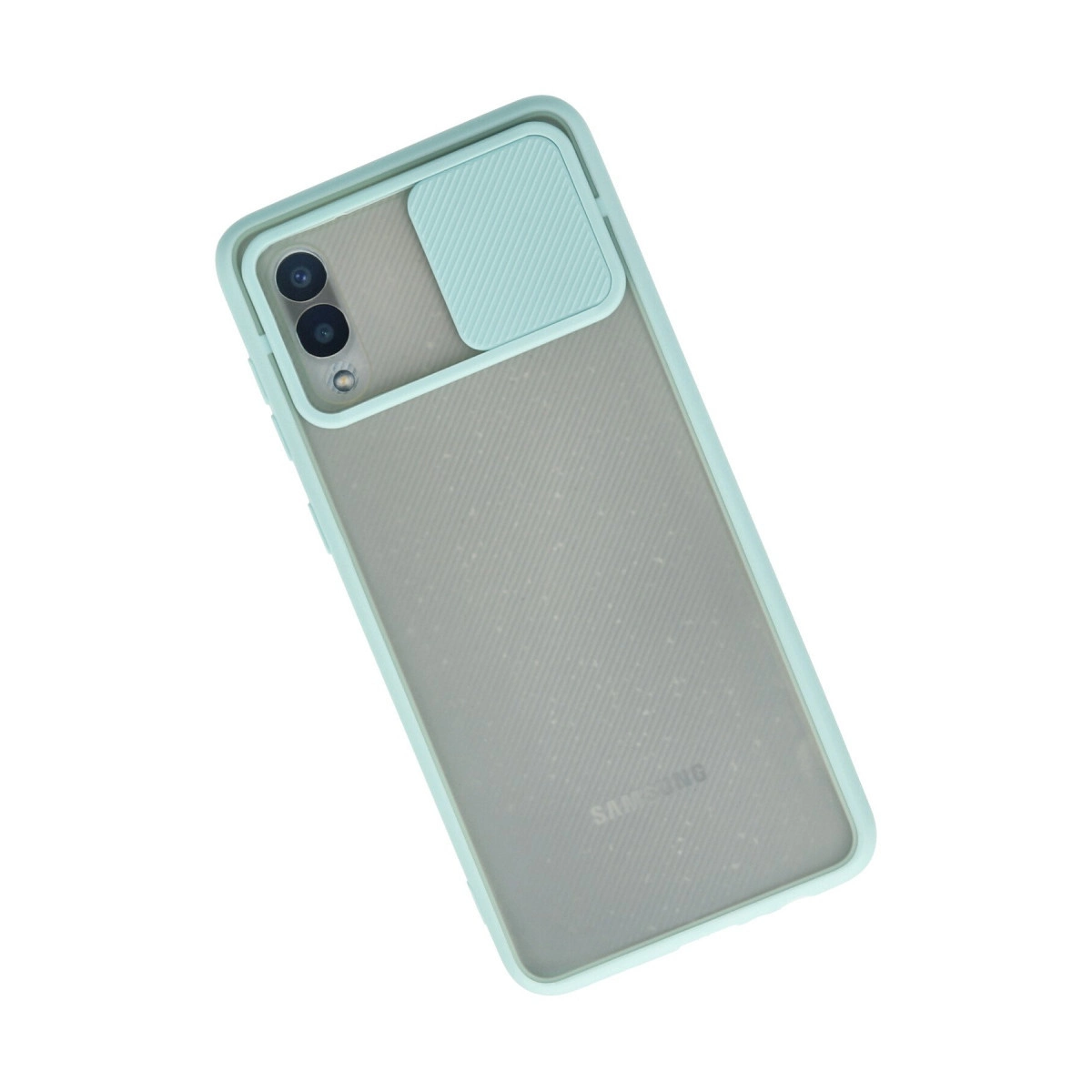 Beyaz arka planda kaydırılabilir kamera lens kapaklı nane yeşili akıllı telefon kılıfı.