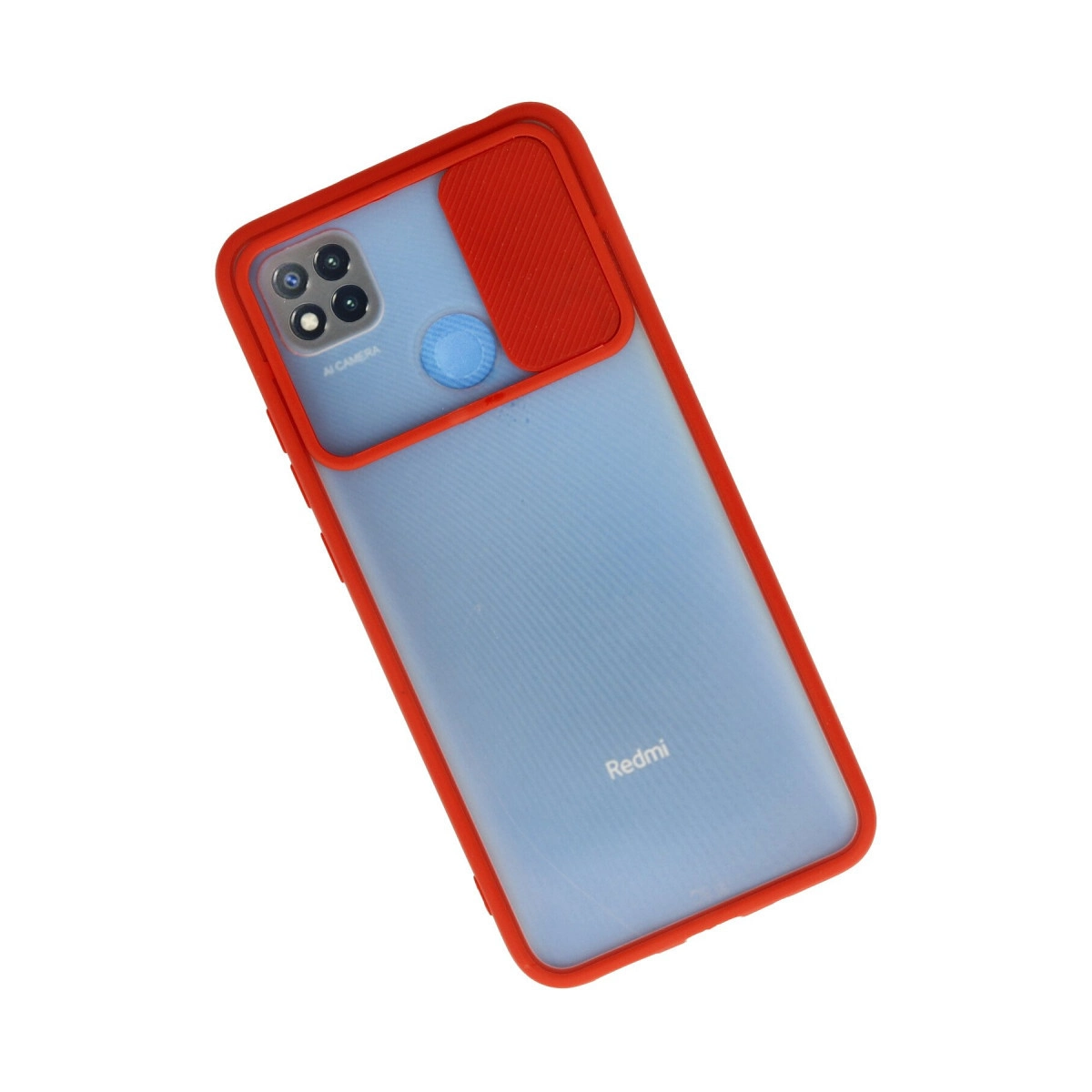 Kırmızı kenarlı ve kamera sürgülü mavi Redmi akıllı telefon kılıfı.