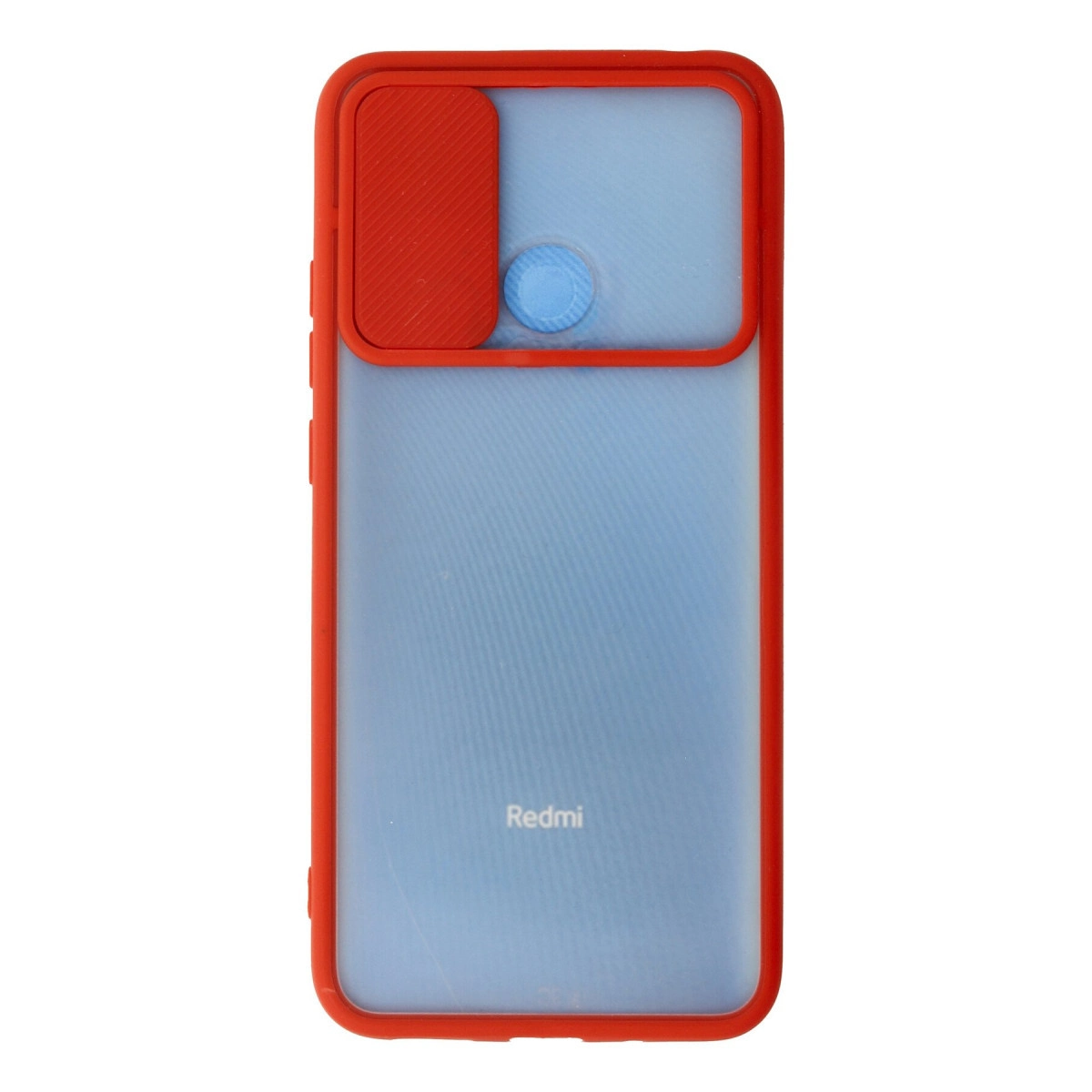 Sürgülü kamera kapaklı, canlı kırmızı kılıflı açık mavi bir Redmi telefon.