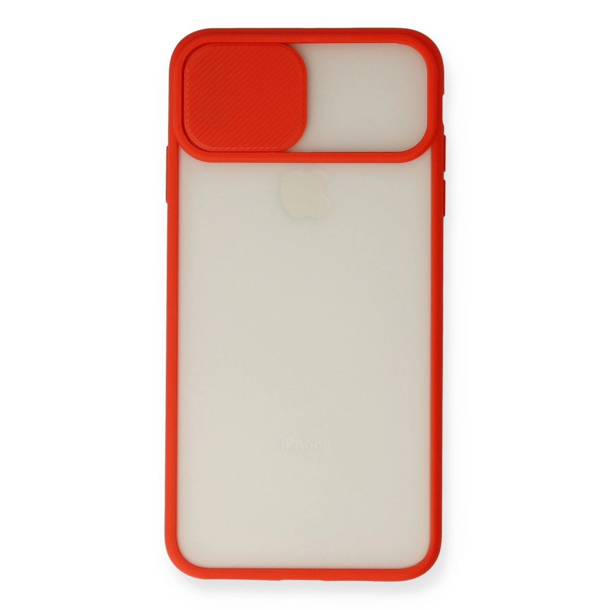 Beyaz arka planda mat arka yüzeye ve kayar kamera kapağına sahip kırmızı bir telefon kılıfı.