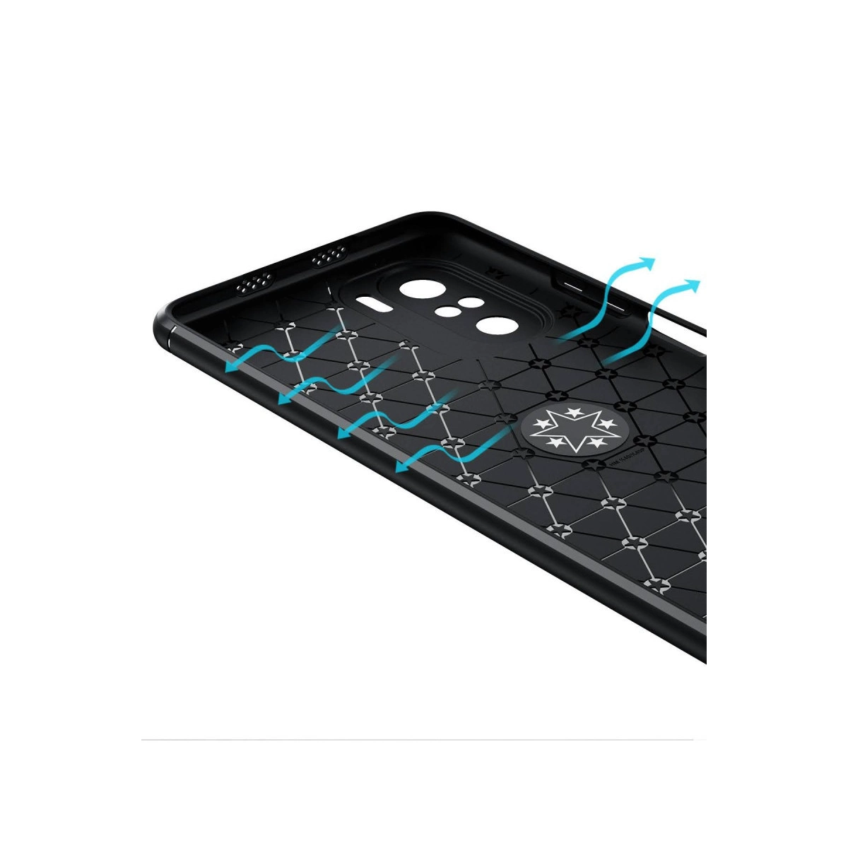 İç kısmı örgü desenli ve mavi hava akışı okları olan siyah telefon kılıfı.