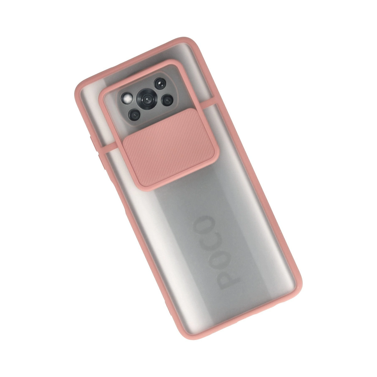 Beyaz arka planda pembe kılıflı ve kapalı kamera kapaklı bir Poco akıllı telefon.