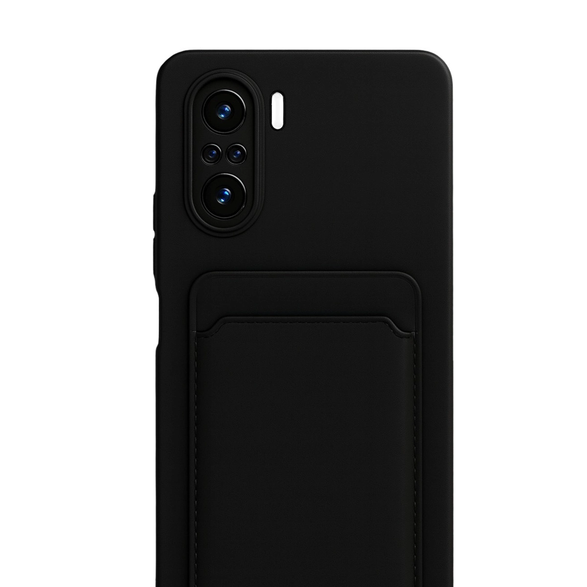 Dikey kamera modülüne ve kart tutucuya sahip siyah akıllı telefon kılıfının arkası.